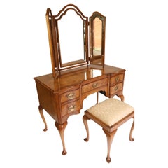 Queen Anne Style Burr Walnut Dressing Table with Stool circa 1930s