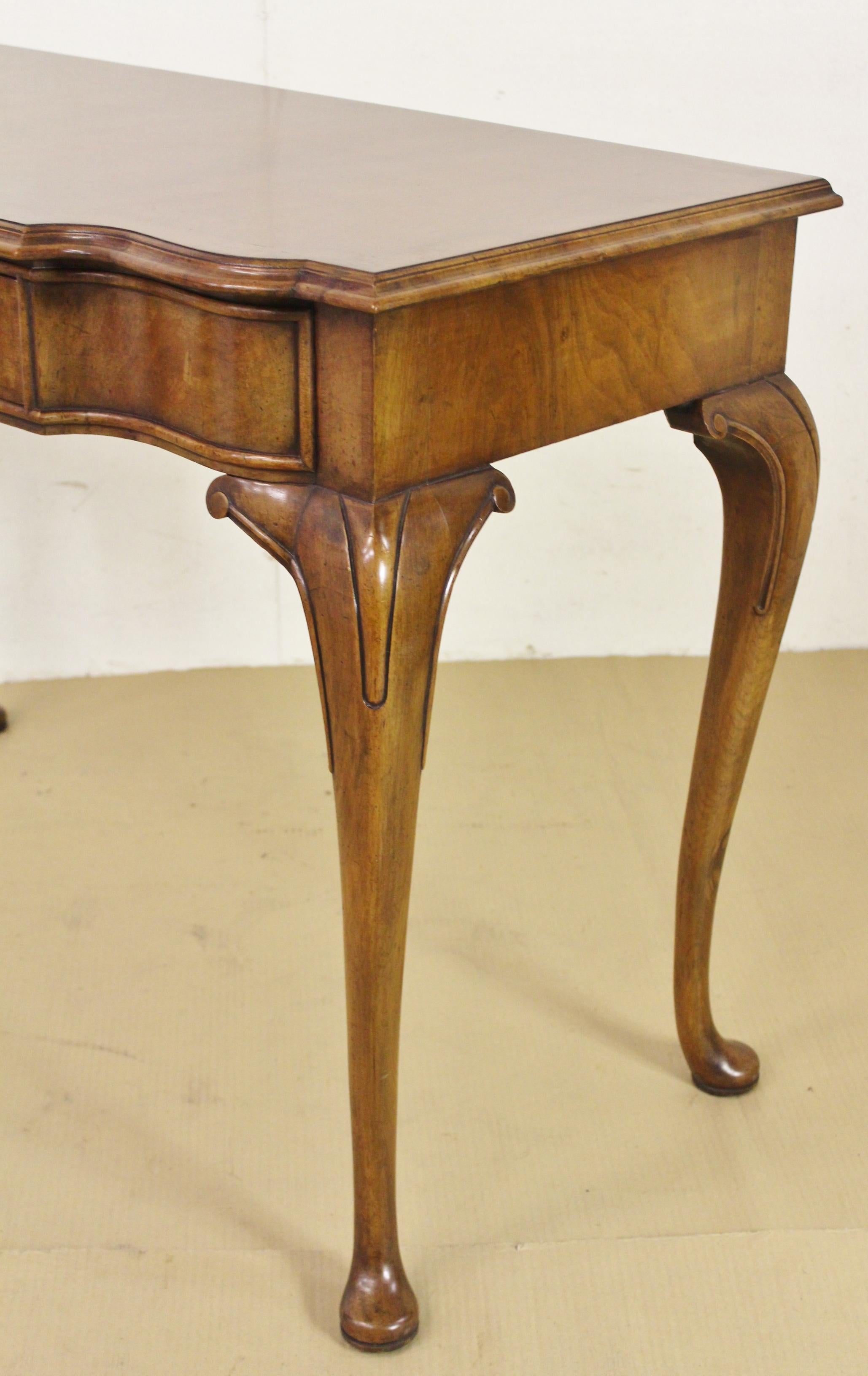 English Queen Anne Style Burr Walnut Serpentine Fronted Console Table