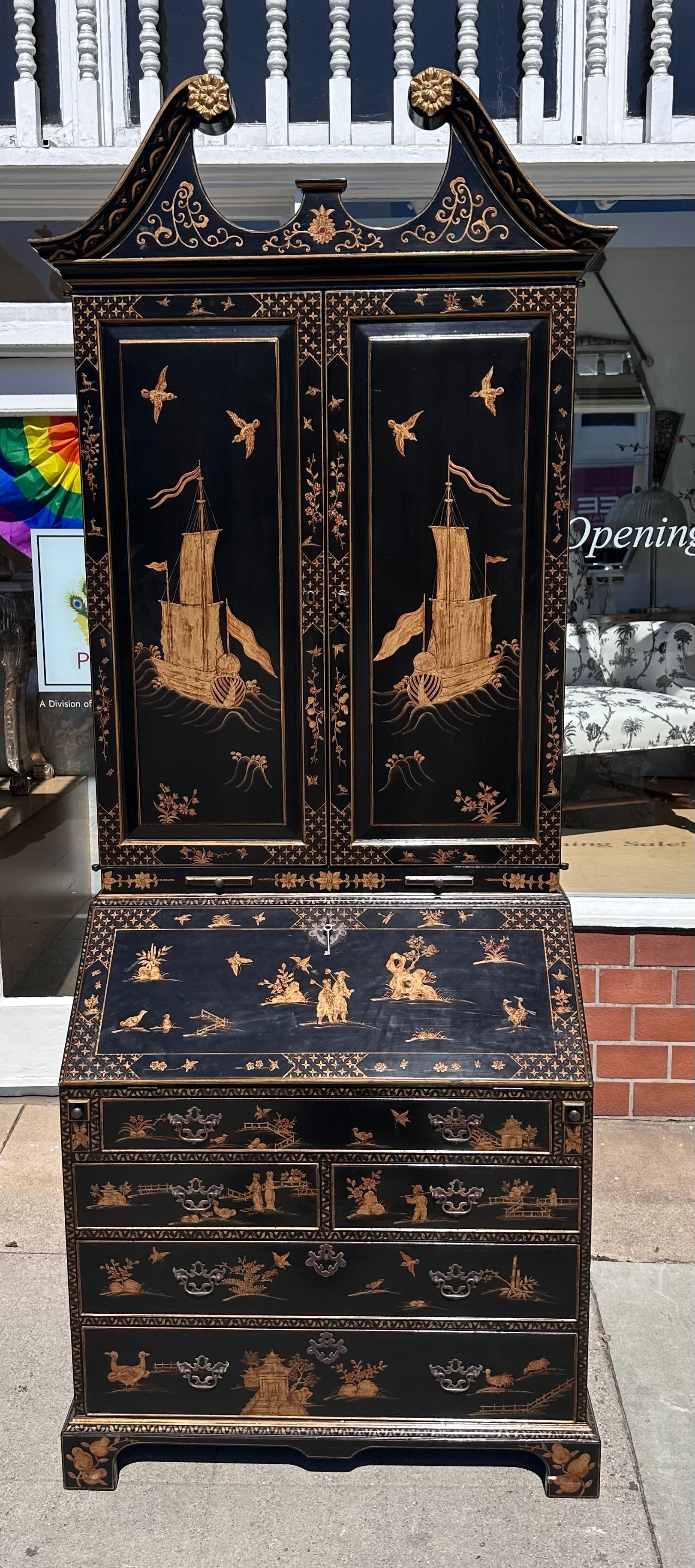 Bibliothèque de bureau secrétaire de style Queen Anne Burton-Ching noire de Chinoiserie en vente 2