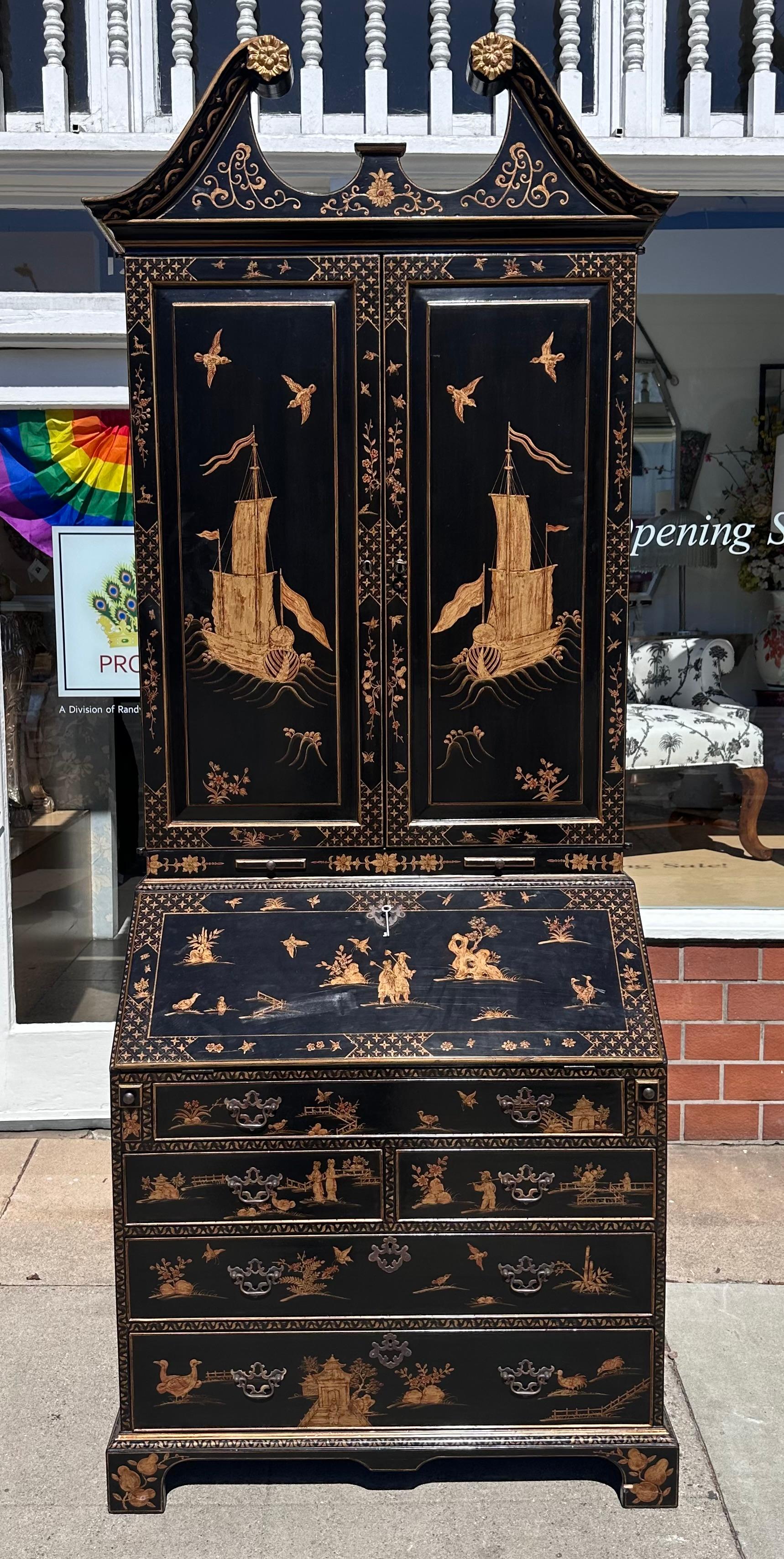 Bibliothèque de bureau secrétaire de style Queen Anne Burton-Ching noire de Chinoiserie en vente 3