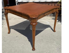 Queen Anne Style Burton-Ching Burl Wood Game Table W Shagreen Leather Top