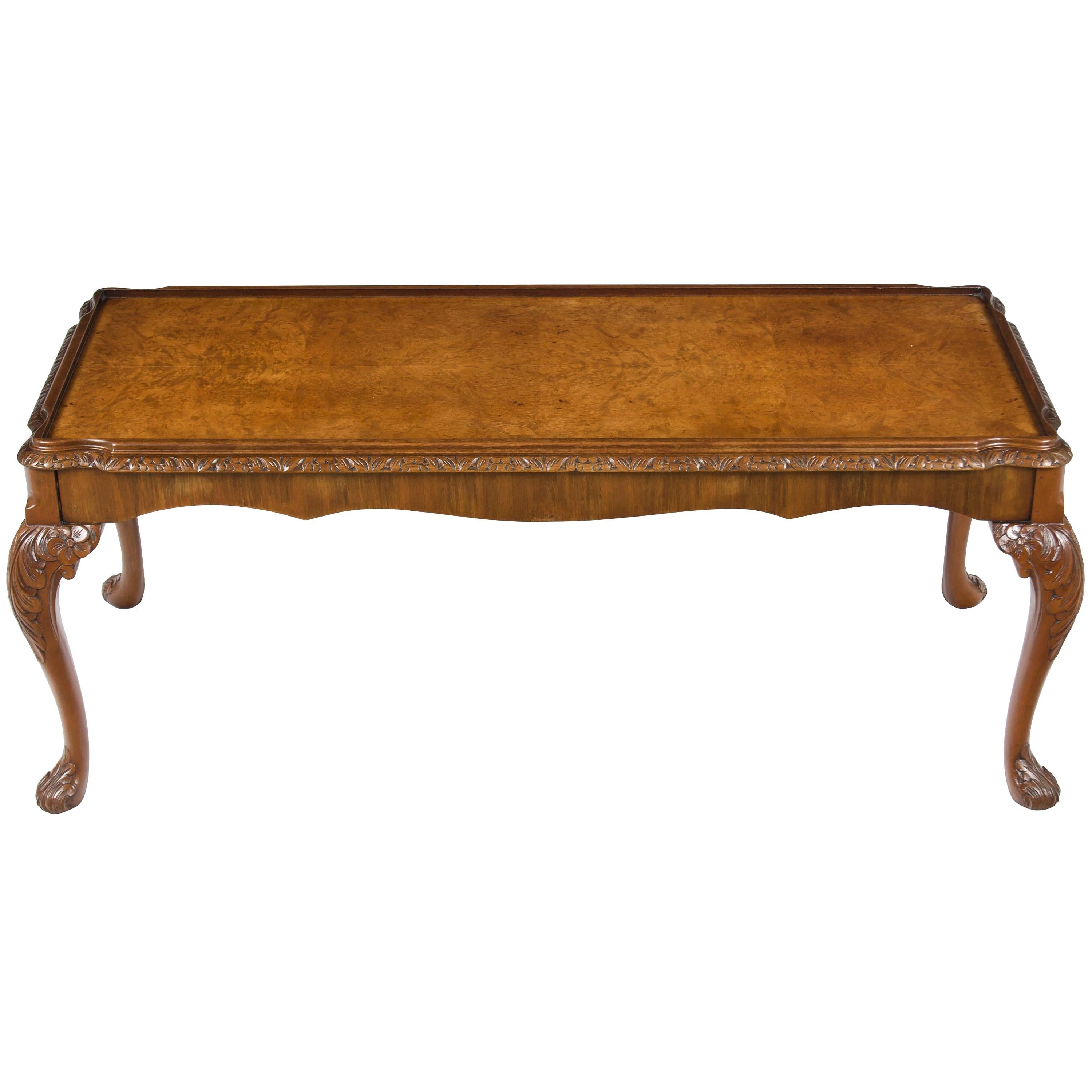 Queen Anne Style Carved Walnut Cocktail Coffee Table For Sale