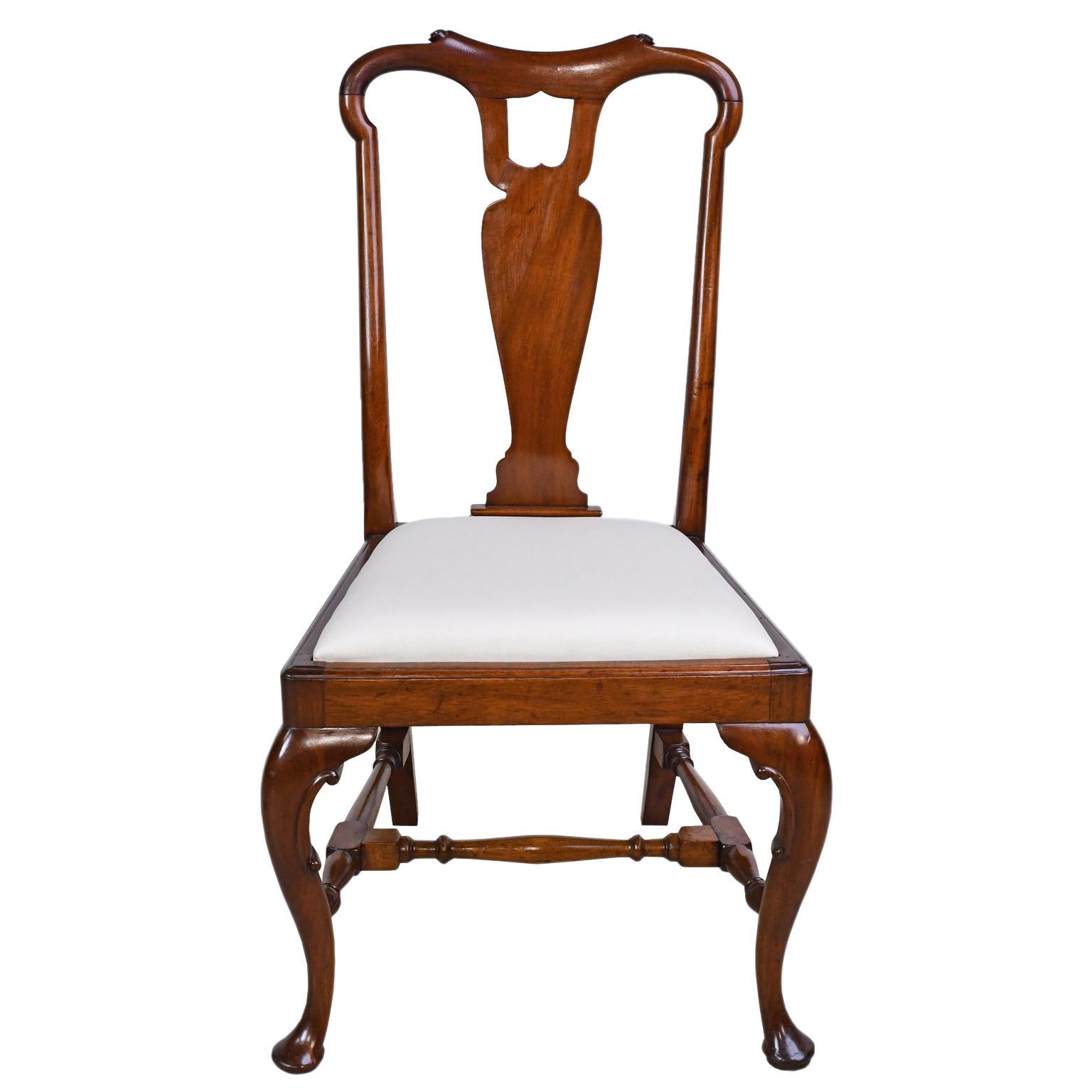 Queen Anne-Style Fiddle-Back Chair in Mahogany w/ Upholstered Slip Seat, c 1880