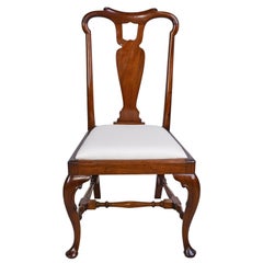 Antique Queen Anne-Style Fiddle-Back Chair in Mahogany w/ Upholstered Slip Seat, c 1880