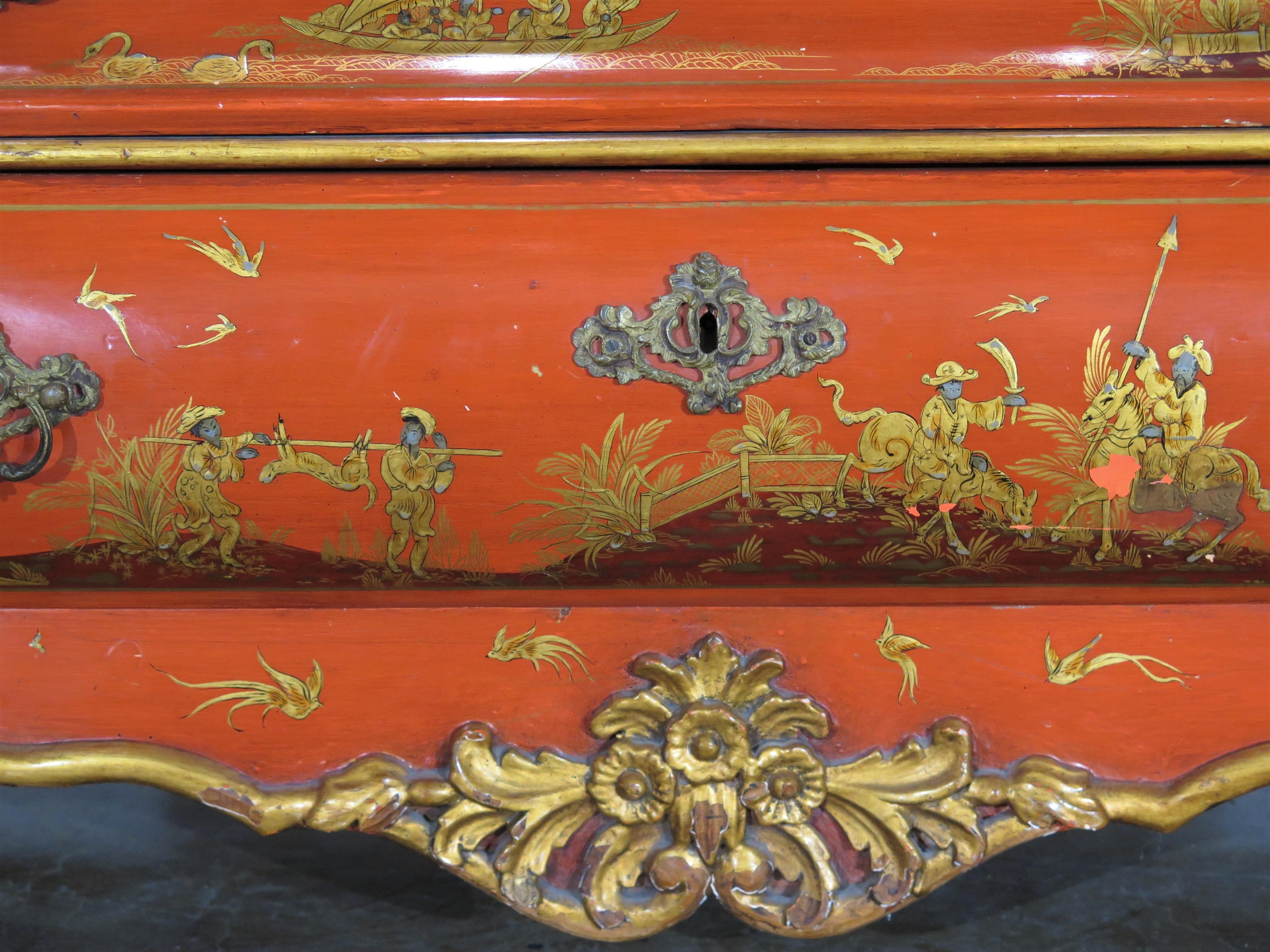 Queen Anne-Style Chinese Red Chinoiserie Desk and Bookcase 3