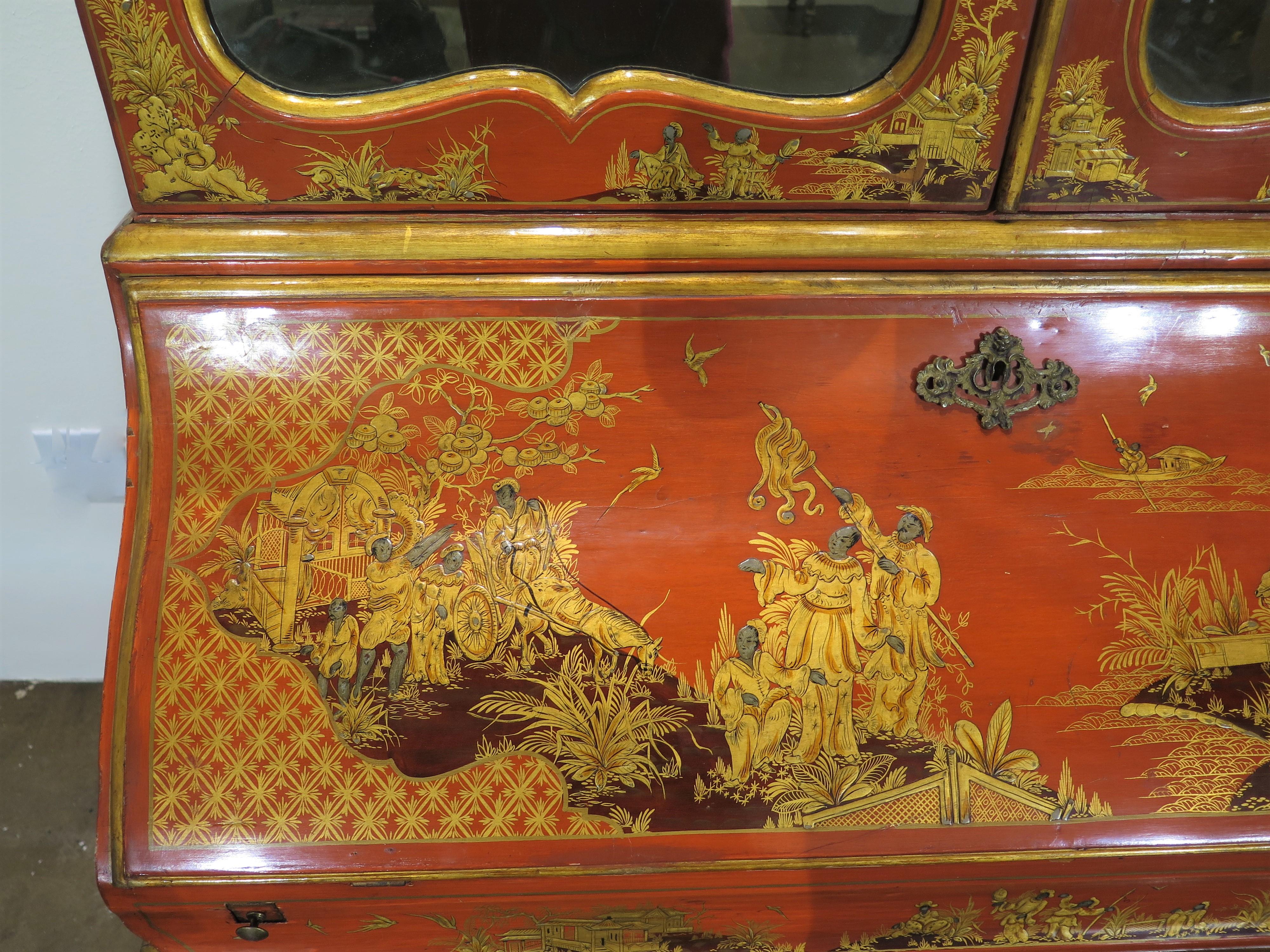 Queen Anne-Style Chinese Red Chinoiserie Desk and Bookcase 4