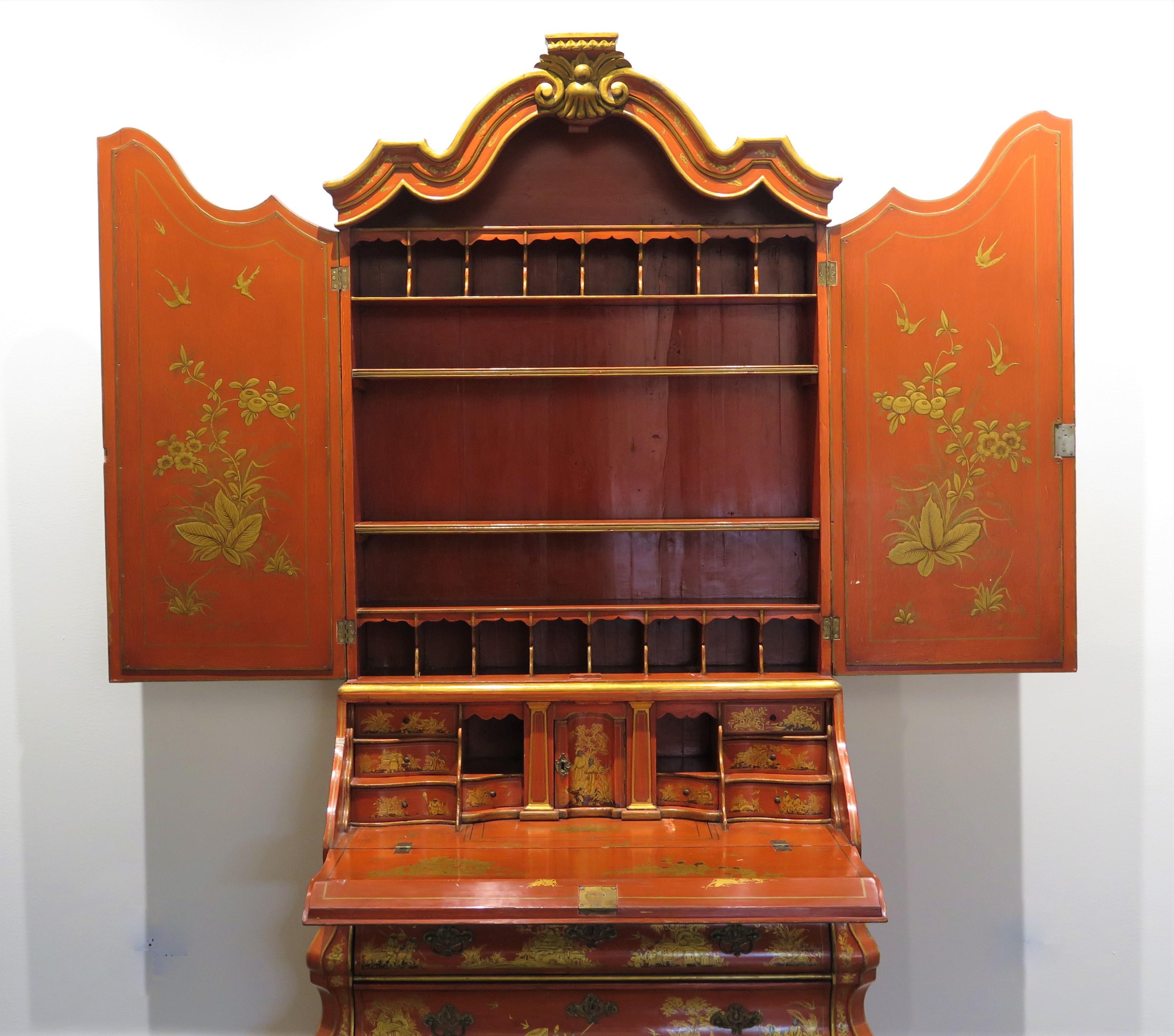 Queen Anne-Style Chinese Red Chinoiserie Desk and Bookcase 7