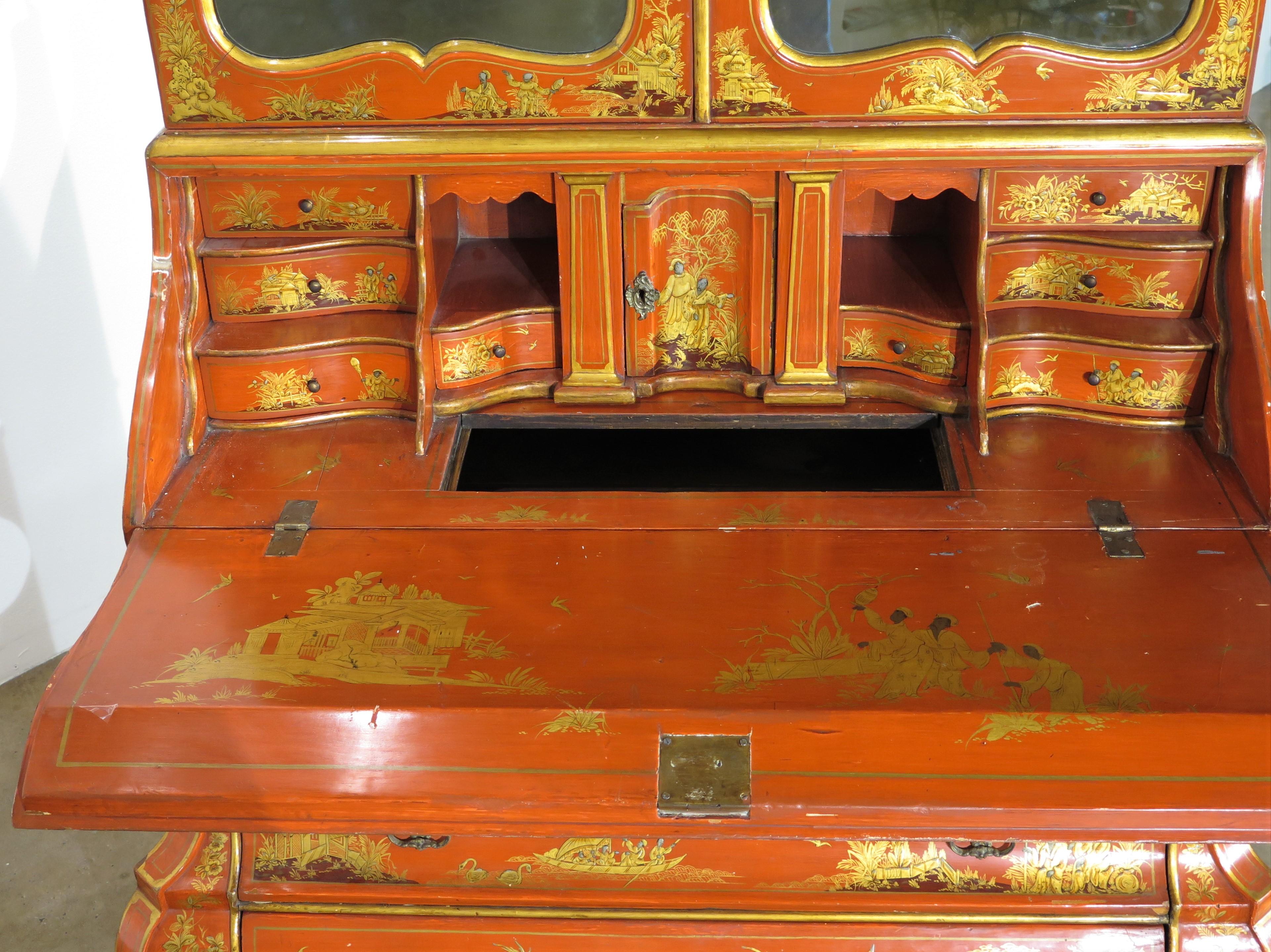 Queen Anne-Style Chinese Red Chinoiserie Desk and Bookcase In Good Condition In Dallas, TX