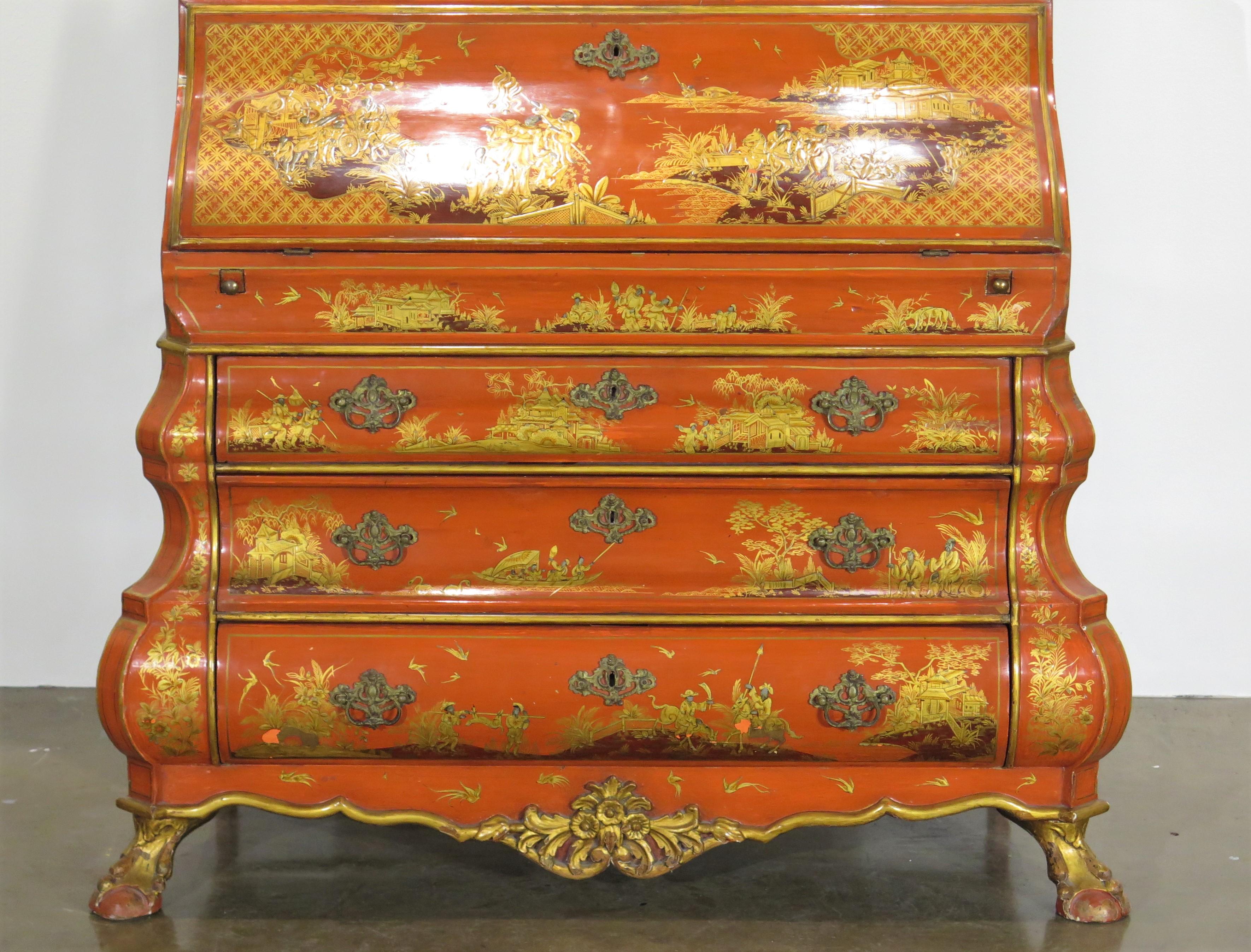 20th Century Queen Anne-Style Chinese Red Chinoiserie Desk and Bookcase