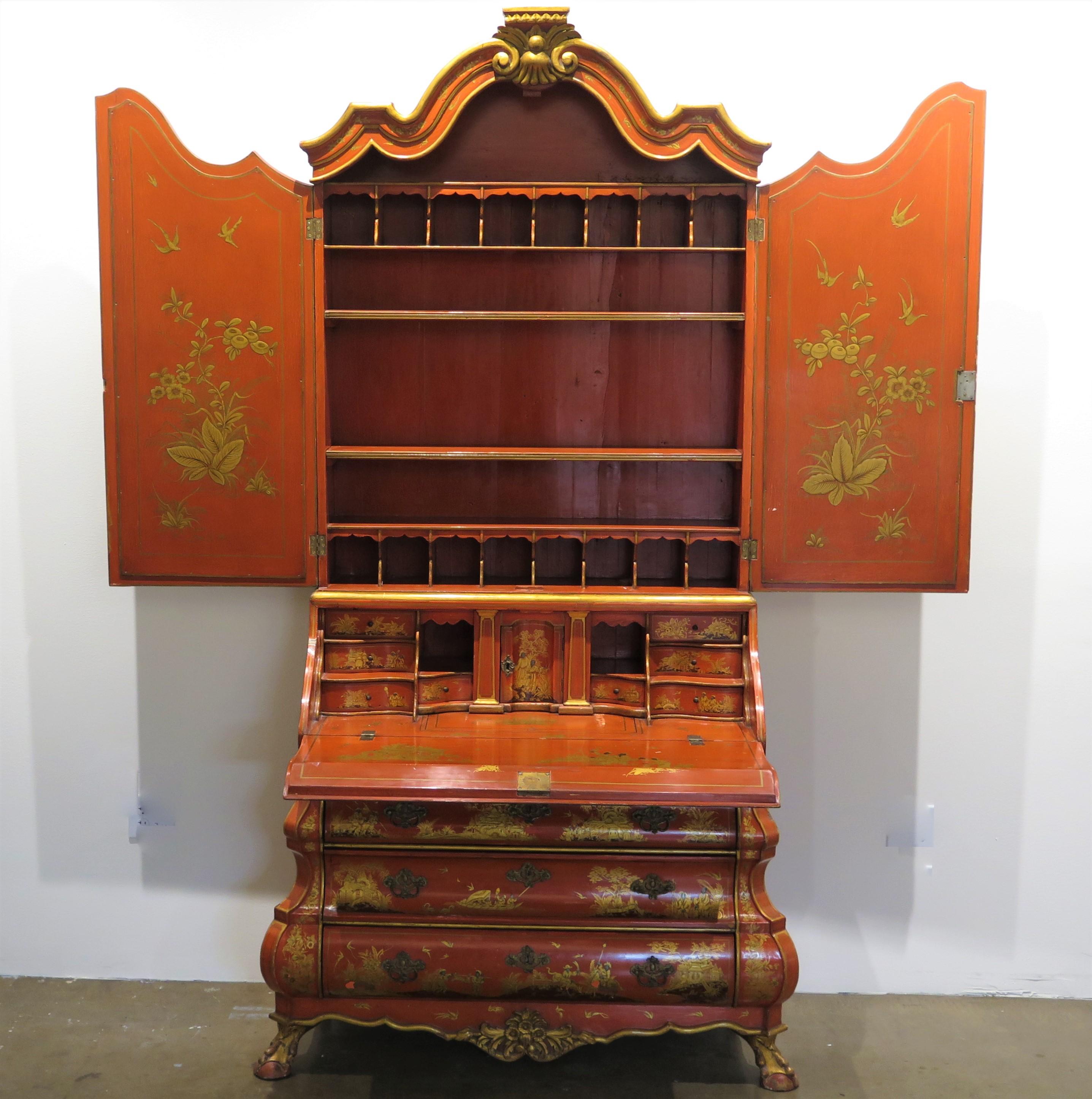 Wood Queen Anne-Style Chinese Red Chinoiserie Desk and Bookcase