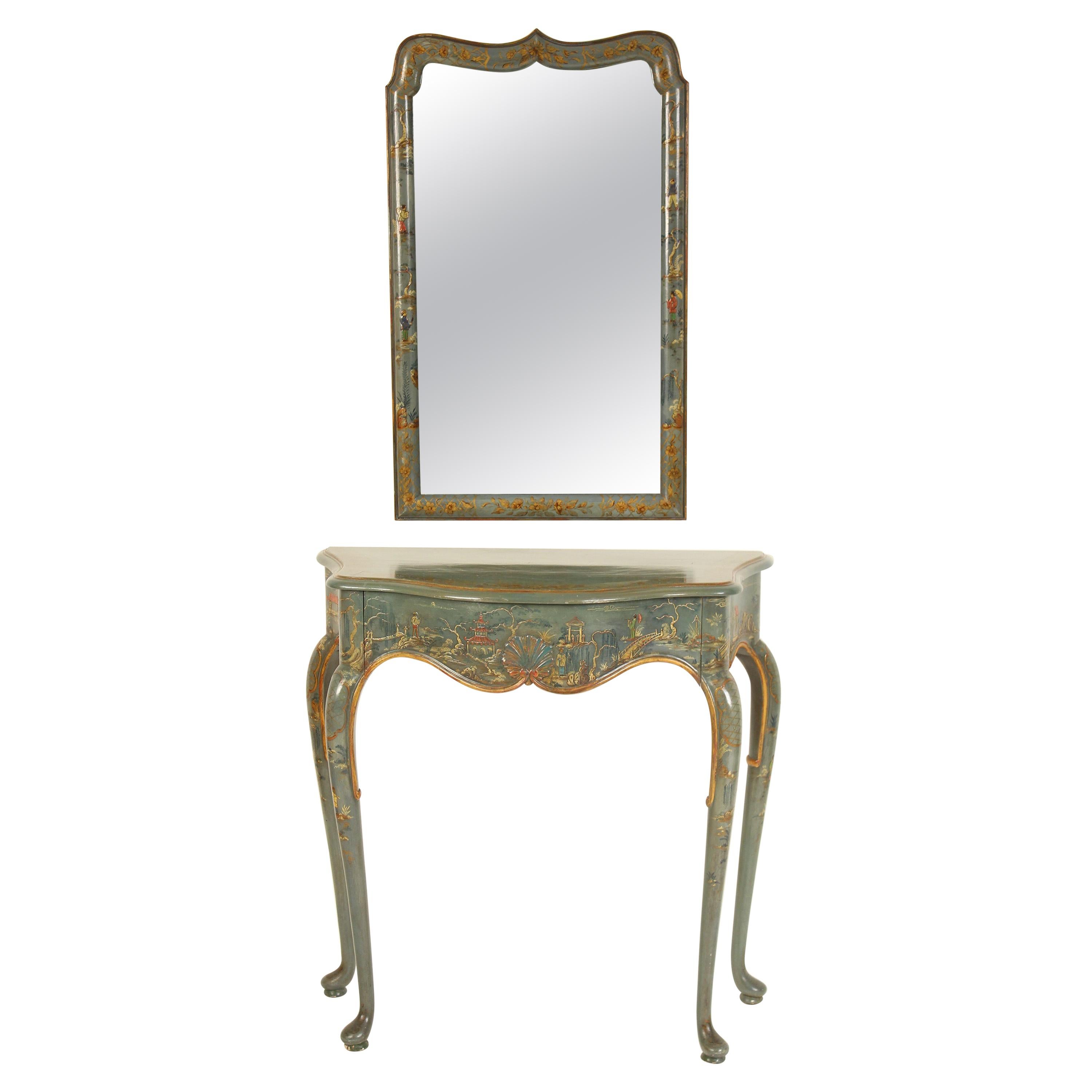 Queen Anne Style Chinoiserie Decorated Console and Mirror For Sale