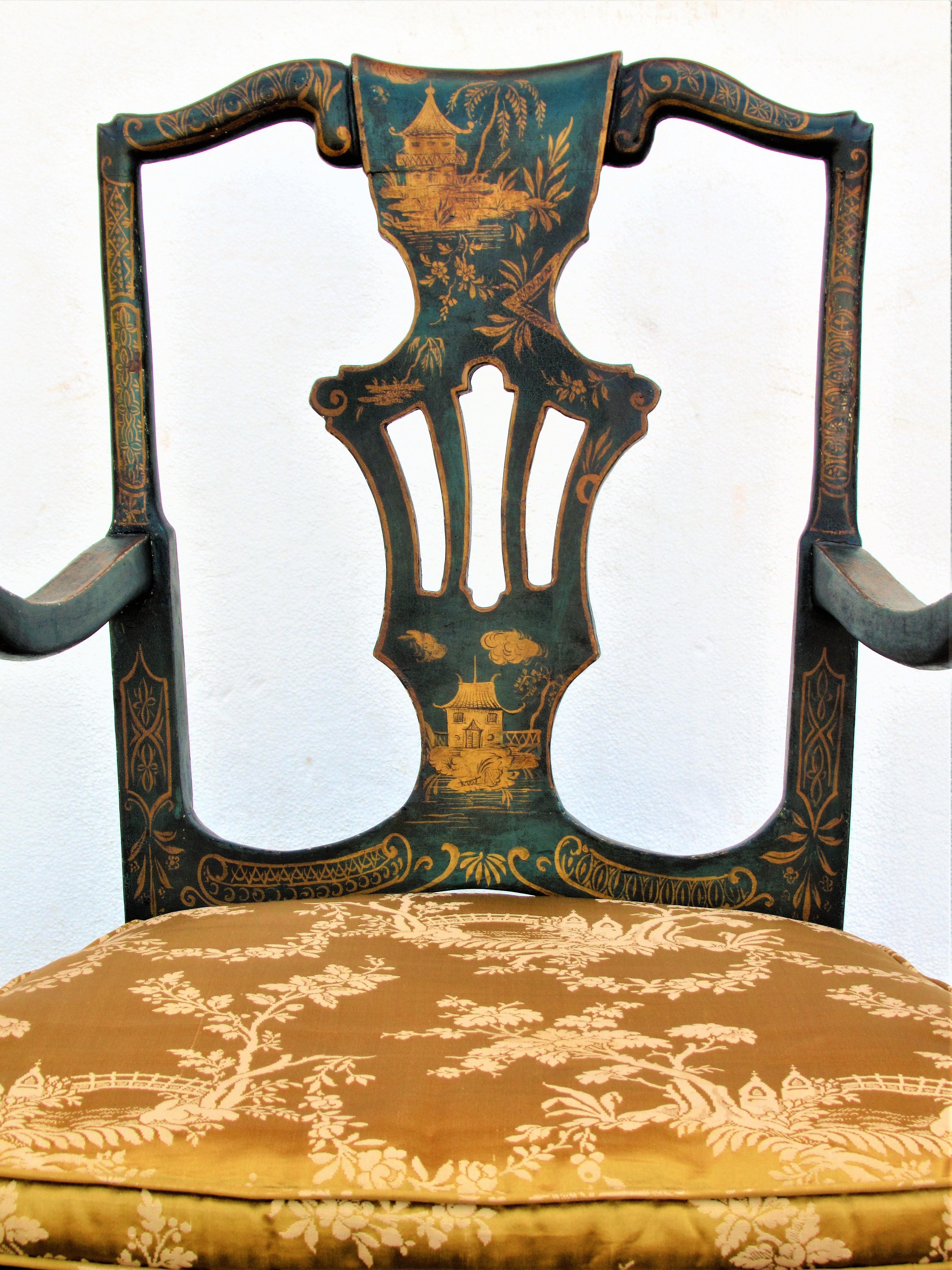 Hand-Carved Queen Anne Style Chinoiserie Japanned Armchair
