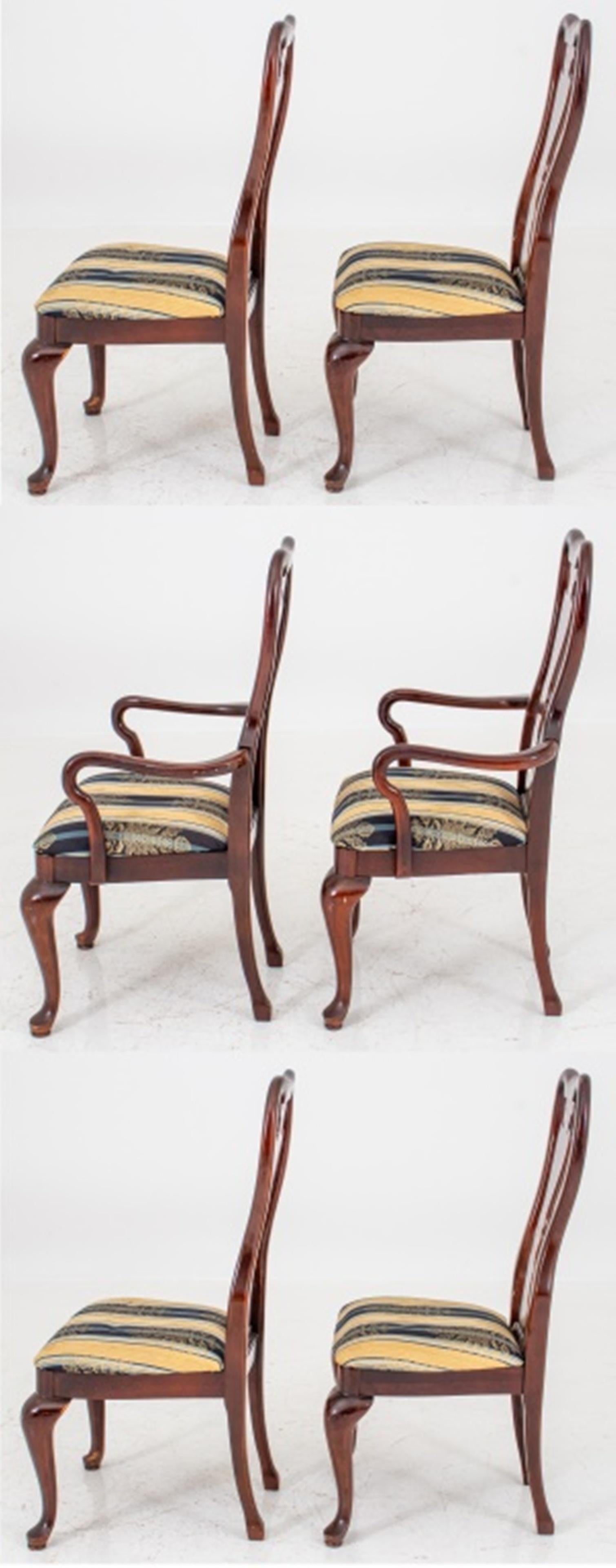 Set of six Queen Anne style dining chairs comprising four side chairs and two armchairs, with blue and beige upholstered seats. Measures: 40