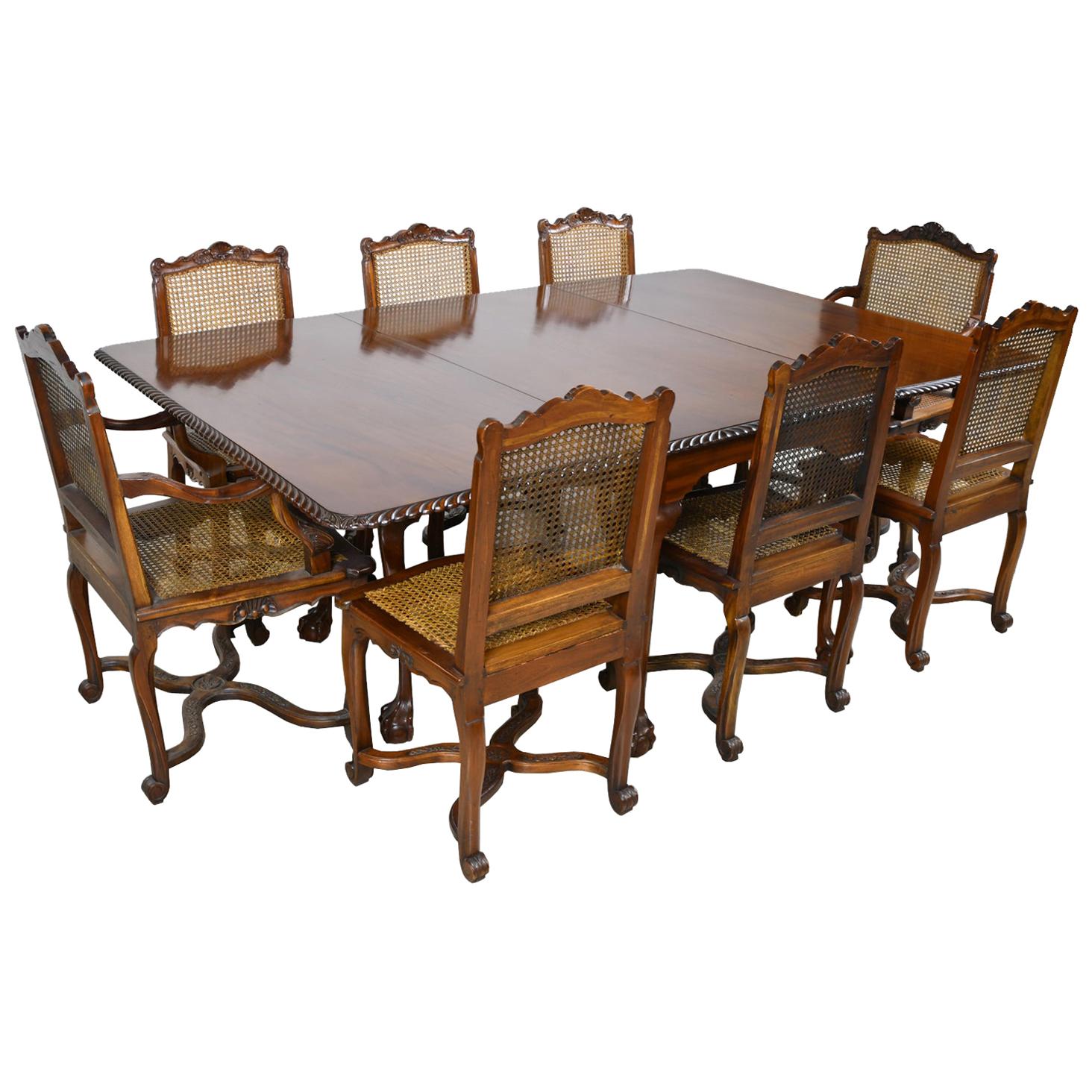 Queen Anne-Style Drop-Leaf Dining Table & Eight Louis XIV Style Chairs w/ Caning