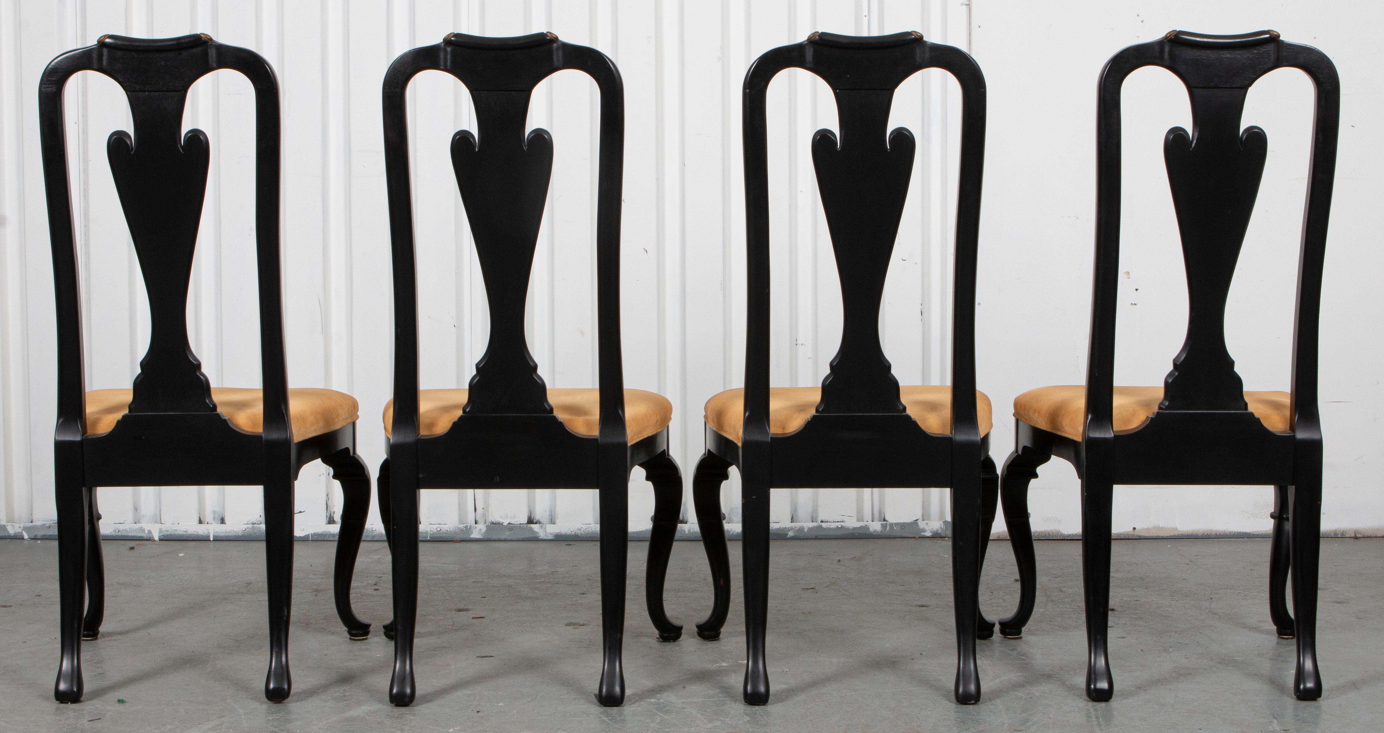 Velvet Queen Anne Style Ebonized Side Chairs, 4 For Sale