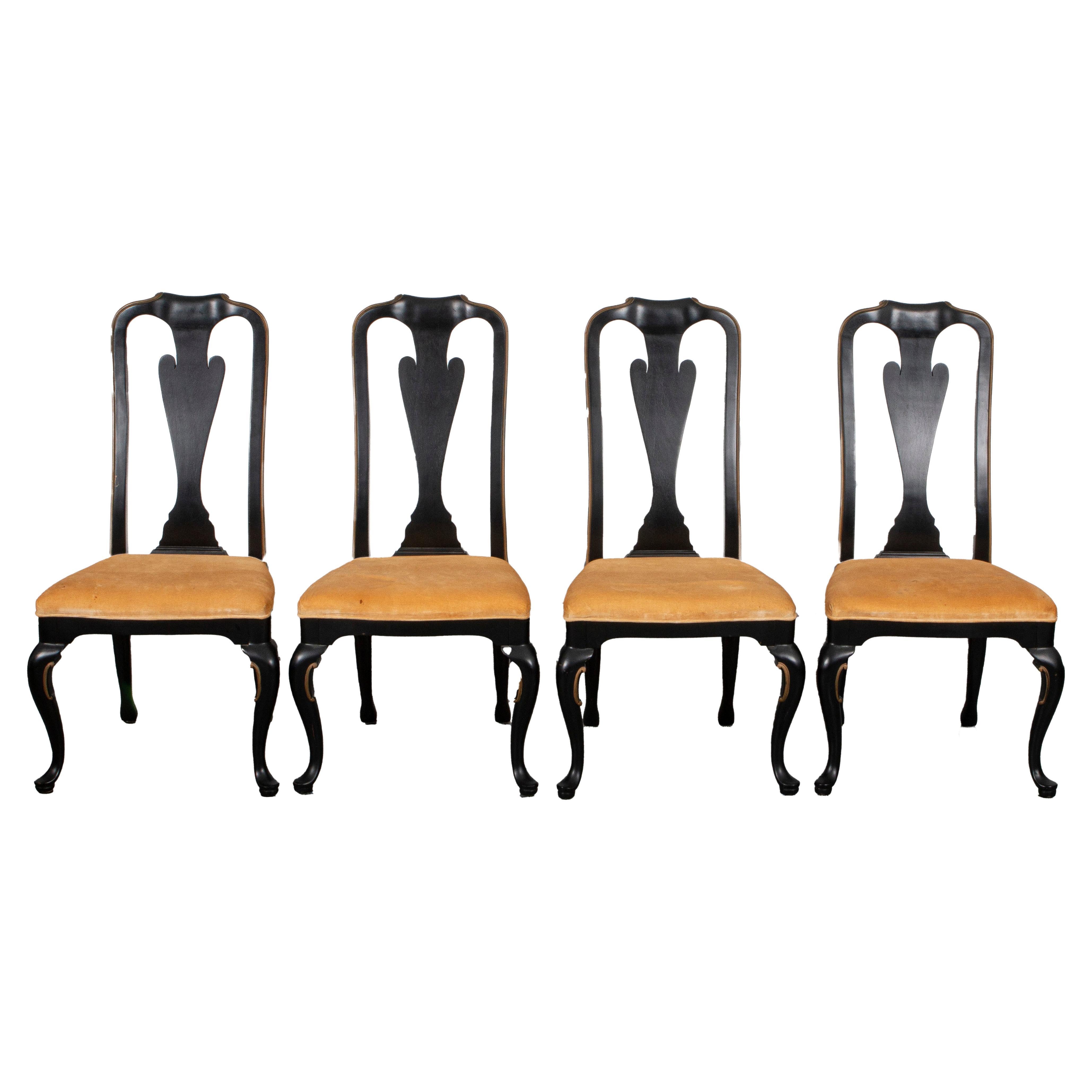 Queen Anne Style Ebonized Side Chairs, 4 For Sale