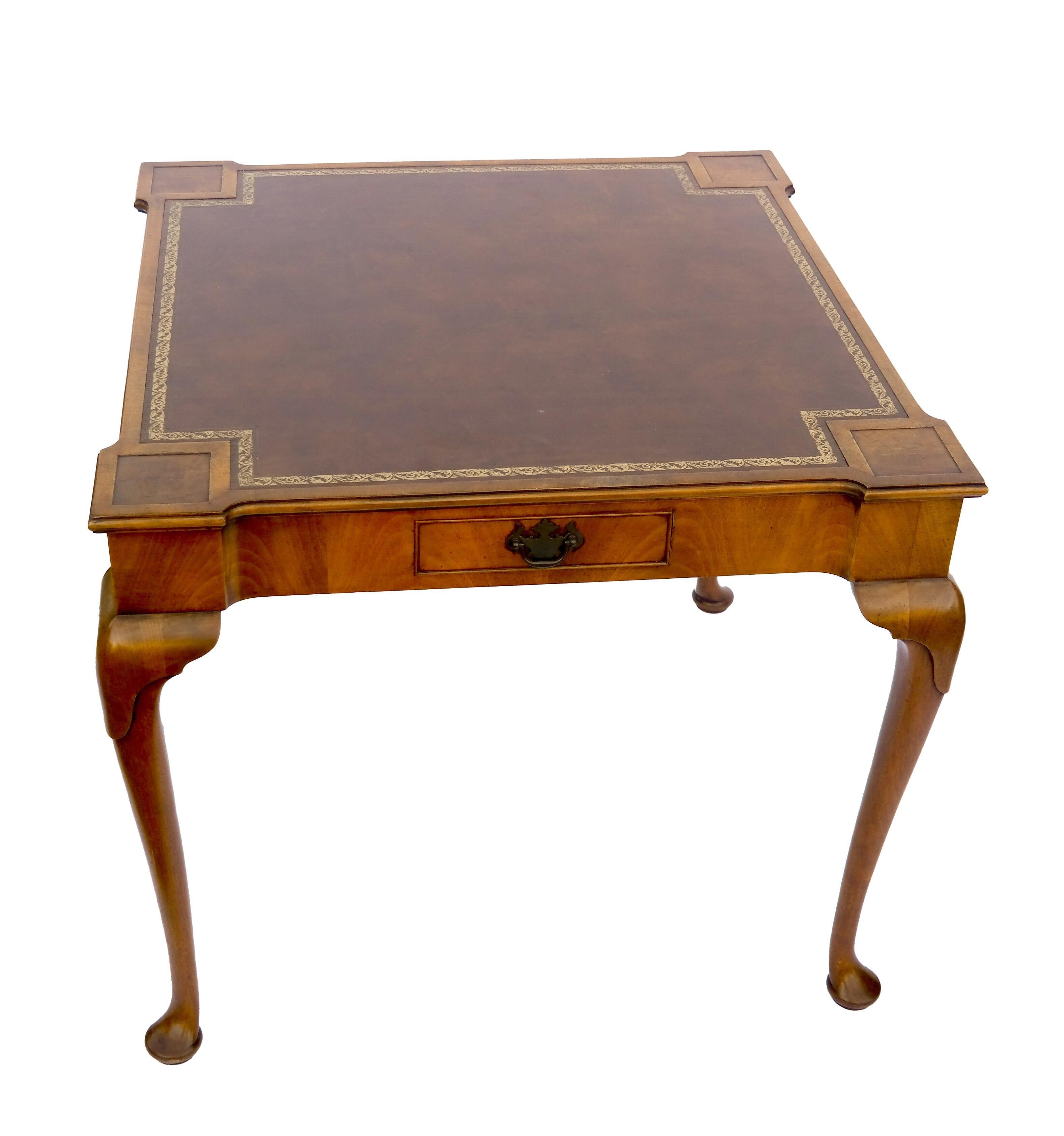 Queen Anne Style Games Table with Leather Top In Good Condition In Locust Valley, NY