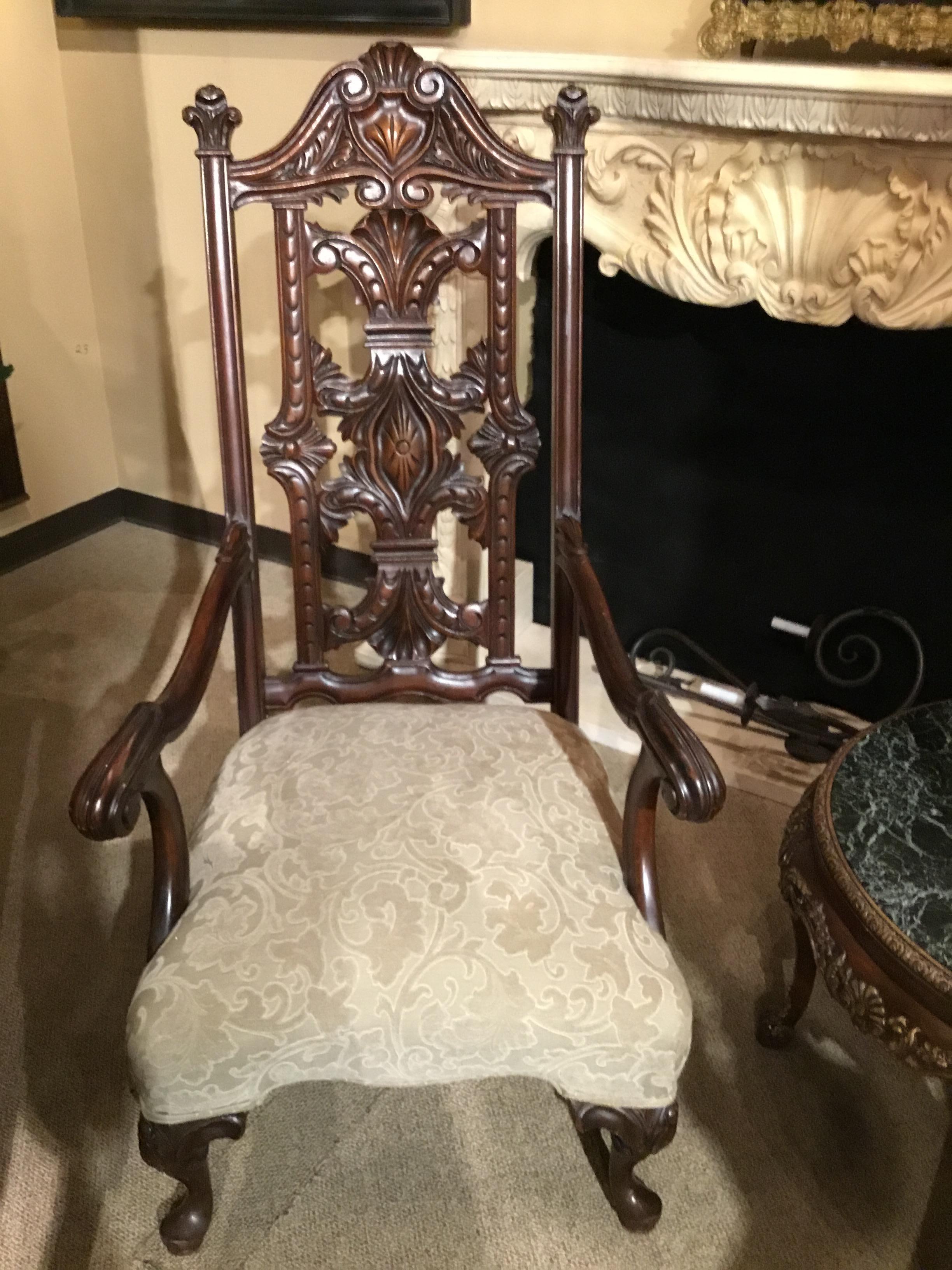 British Queen Anne Style High Back Walnut Carved Chair For Sale