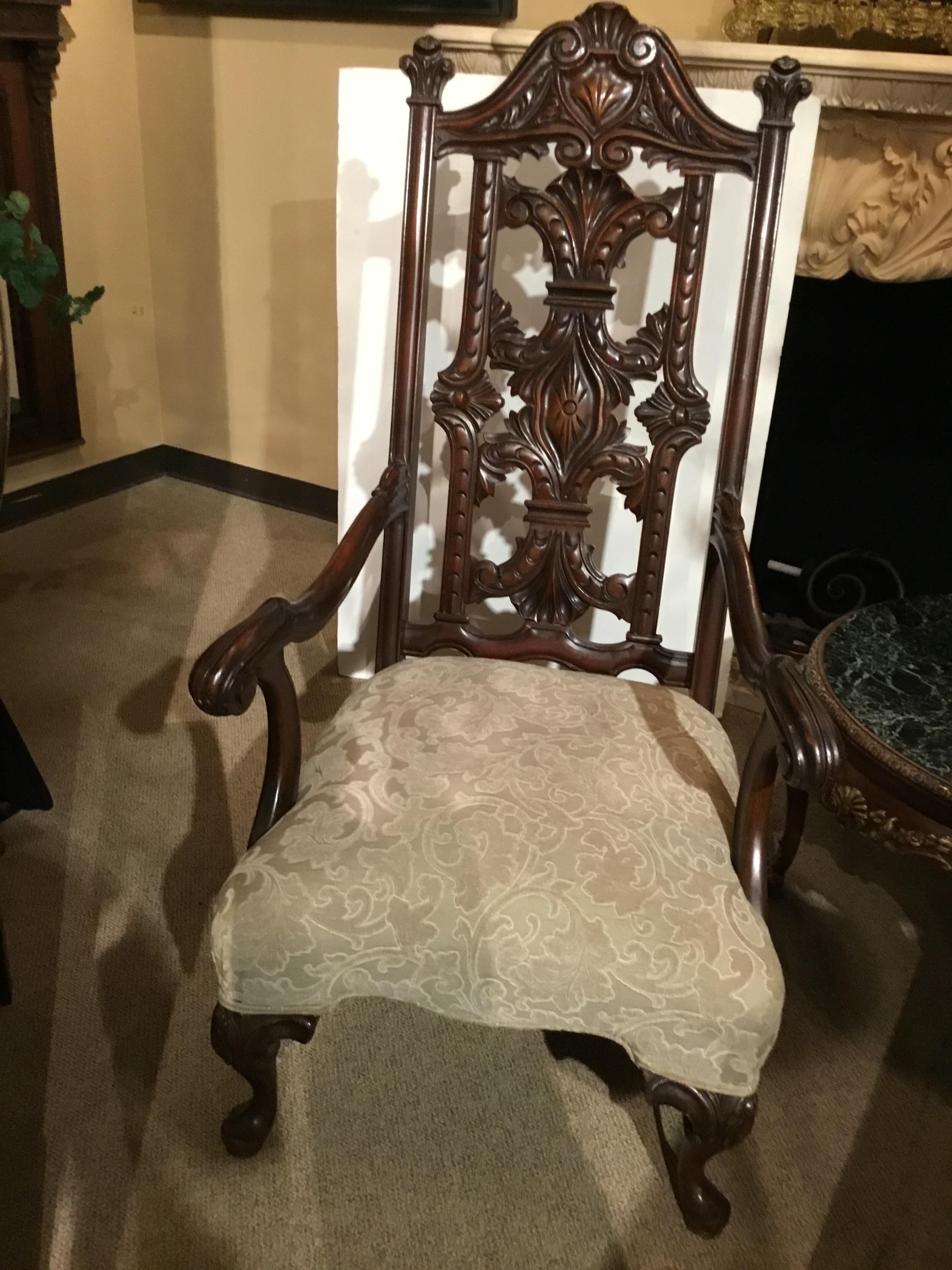 Queen Anne Style High Back Walnut Carved Chair For Sale 1