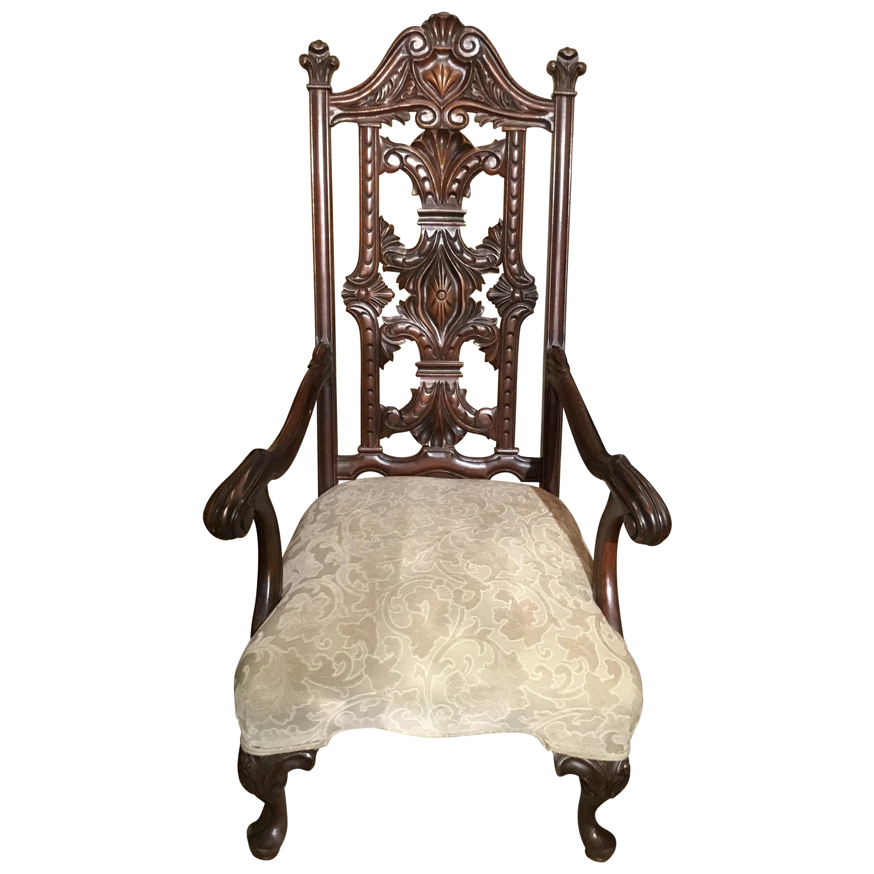 Queen Anne Style High Back Walnut Carved Chair