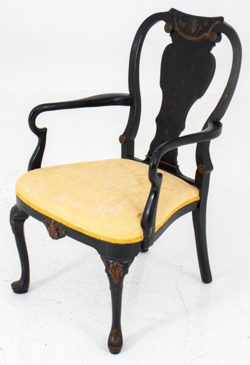 Queen Anne style Japanned armchair, mid 20th c., with traces of gilt decoration and original lacquer, black over-painted. 36