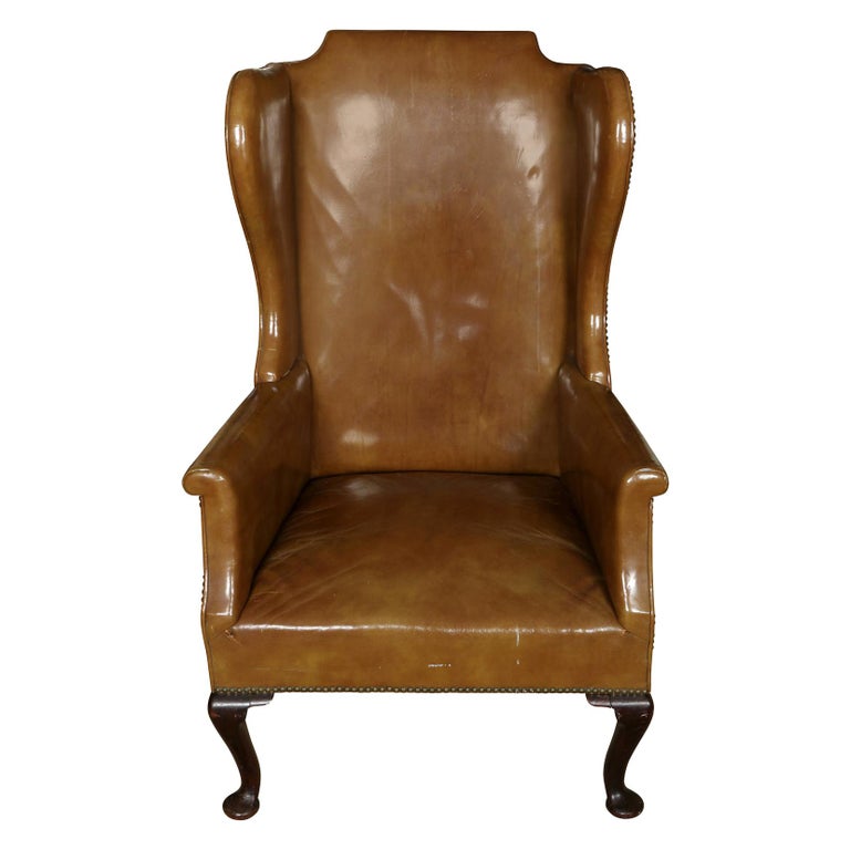Queen Anne Style Leather Wing Chair at 1stDibs