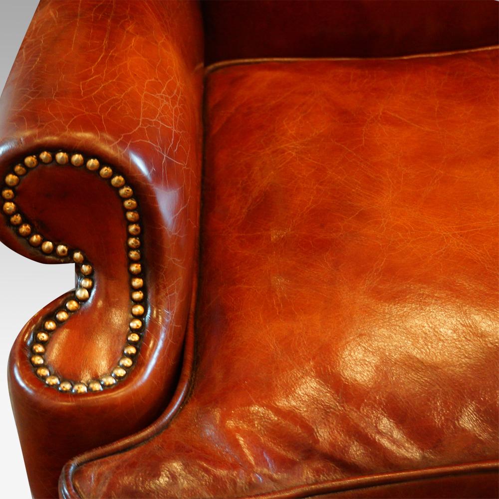 English Queen Anne Style Leather Wingchair