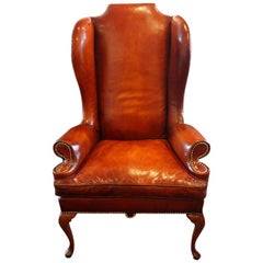 Antique Queen Anne Style Leather Wingchair