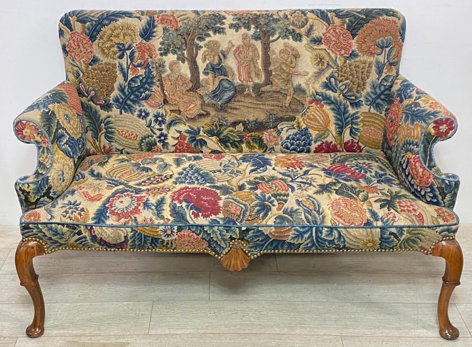 Upholstery Queen Anne Style Mahogany and Needlepoint Settee, England 18th Century