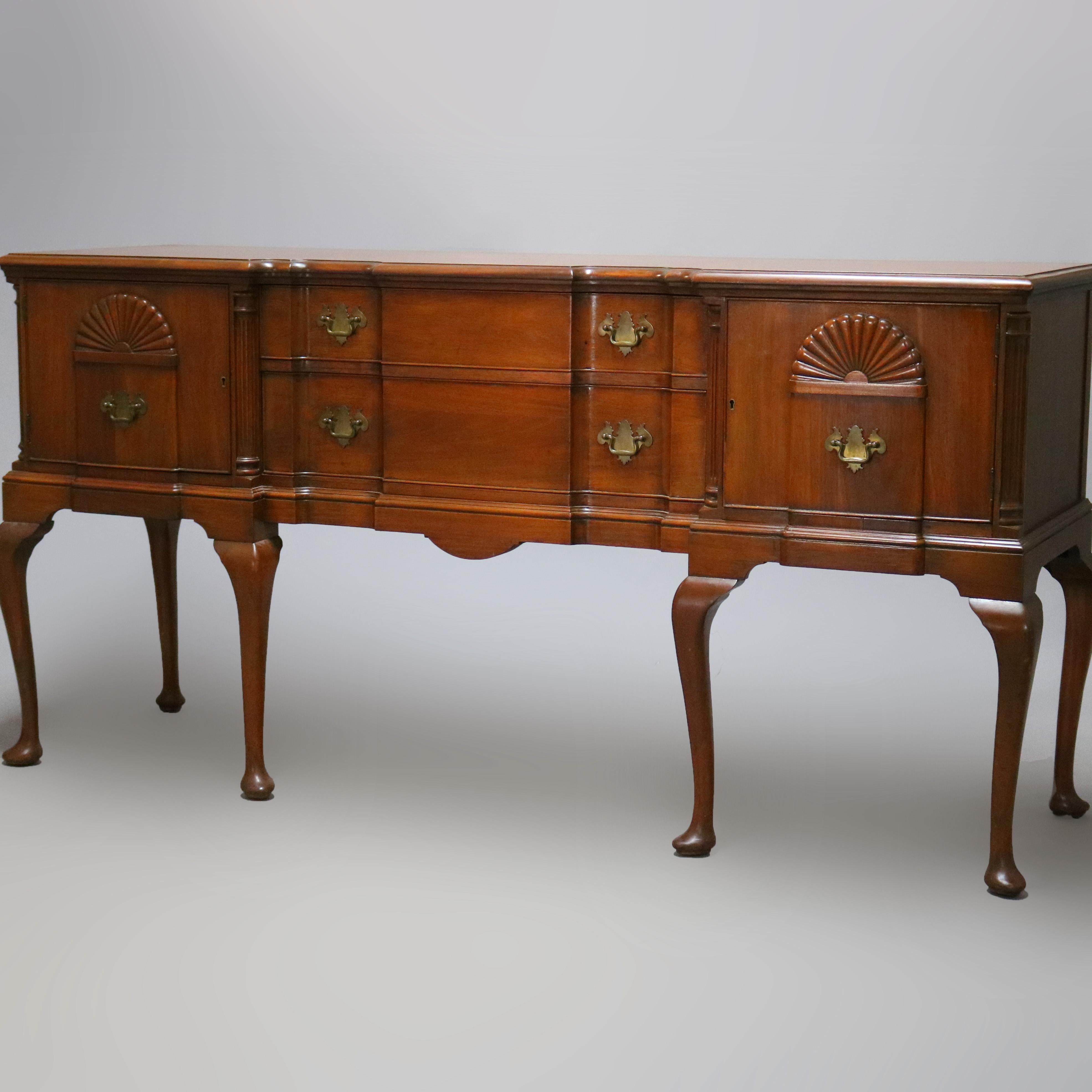 Queen Anne Style Mahogany Block Front & Shell Carved Sideboard C1930 For Sale 12