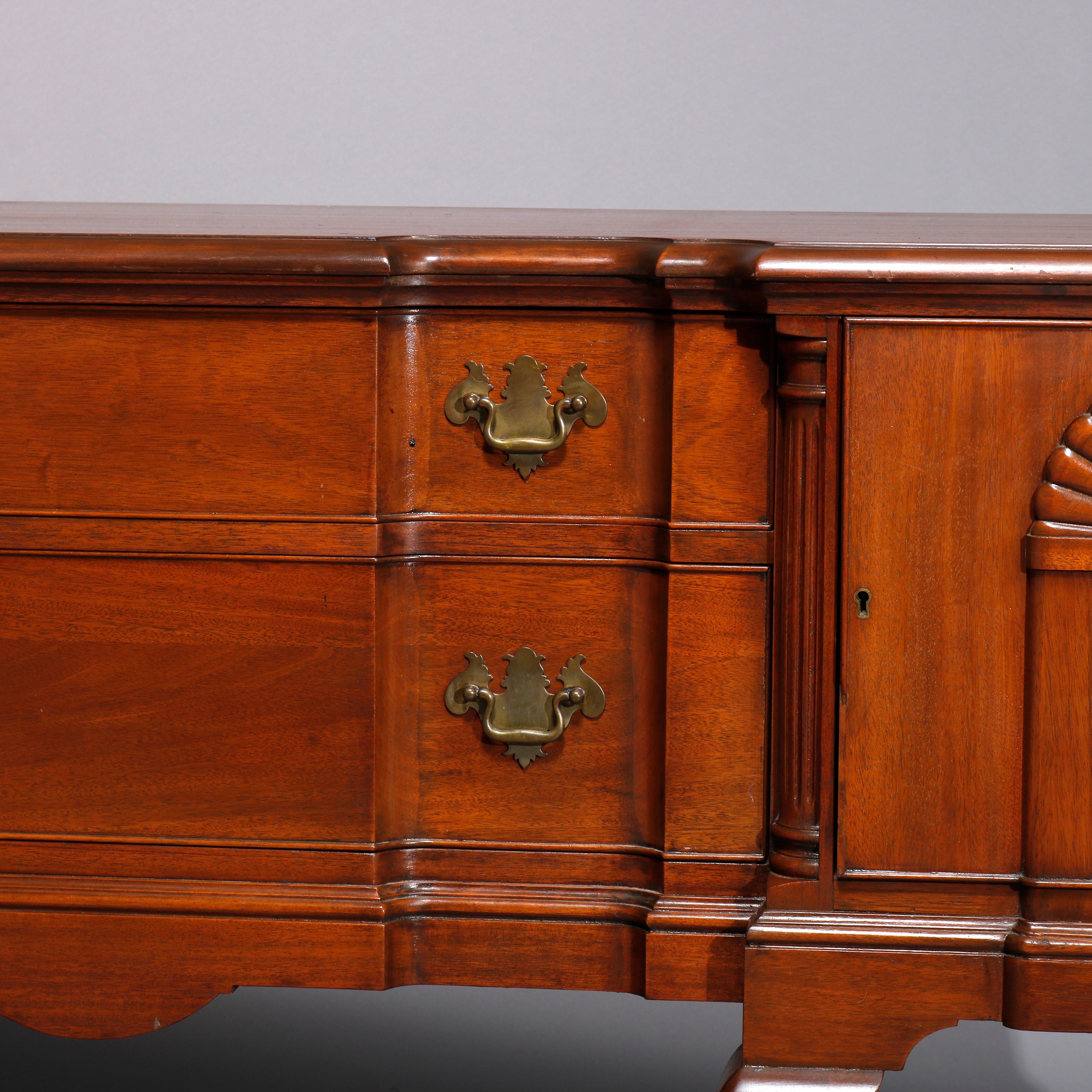 Queen Anne Style Mahogany Block Front & Shell Carved Sideboard C1930 In Good Condition For Sale In Big Flats, NY