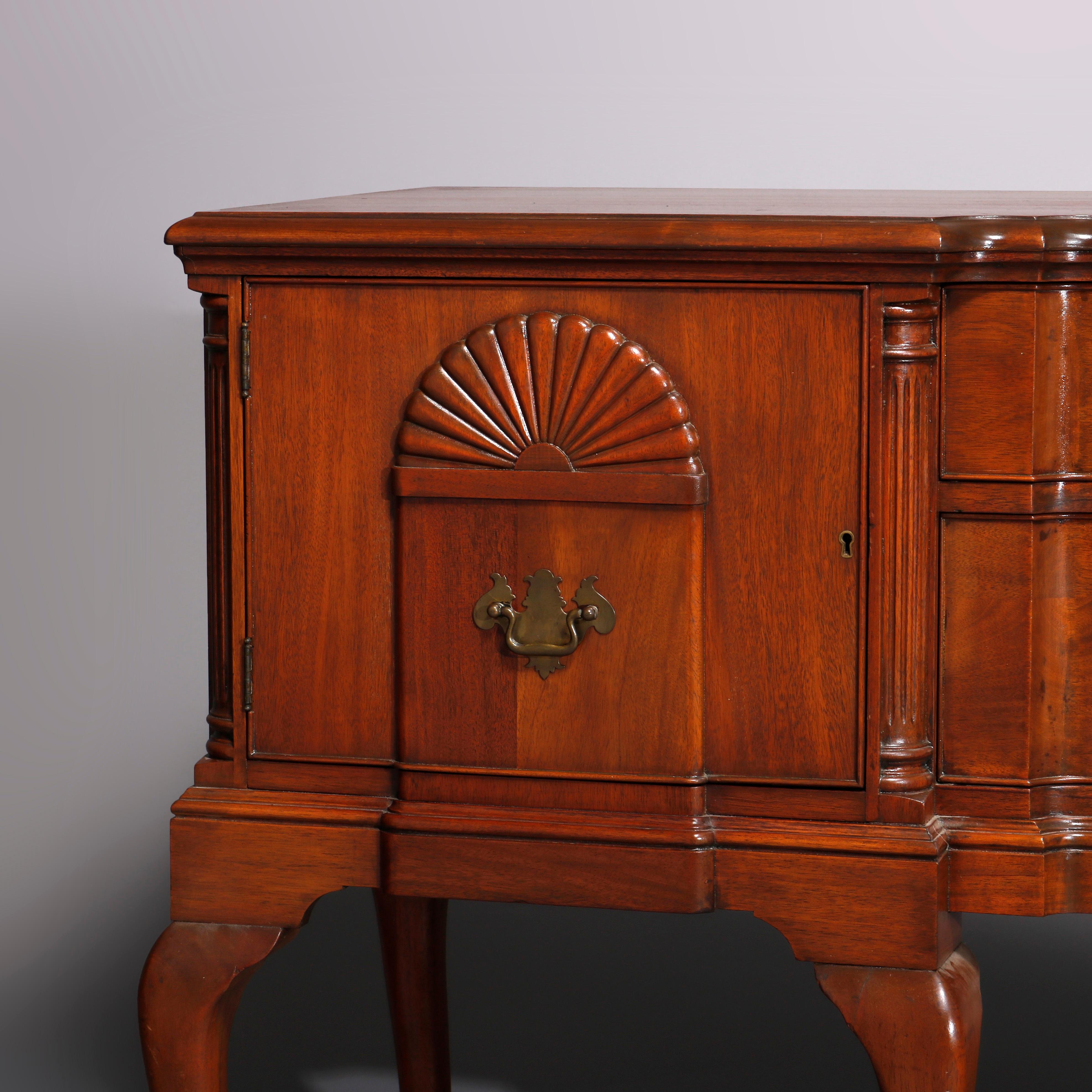 Queen Anne Style Mahogany Block Front & Shell Carved Sideboard C1930 For Sale 1