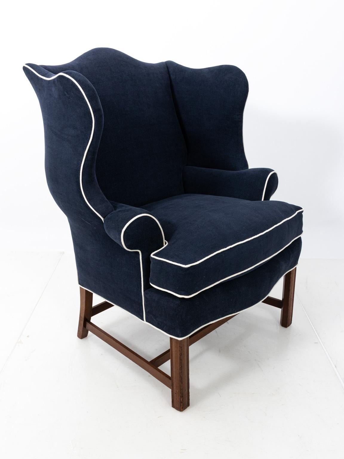 Queen Anne Style Mahogany Blue Upholstered Armchair In Good Condition In Stamford, CT