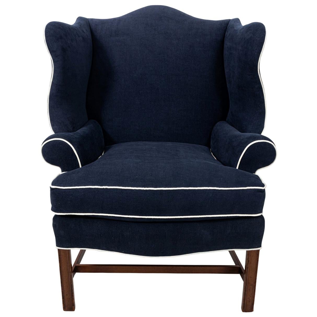 Queen Anne Style Mahogany Blue Upholstered Armchair