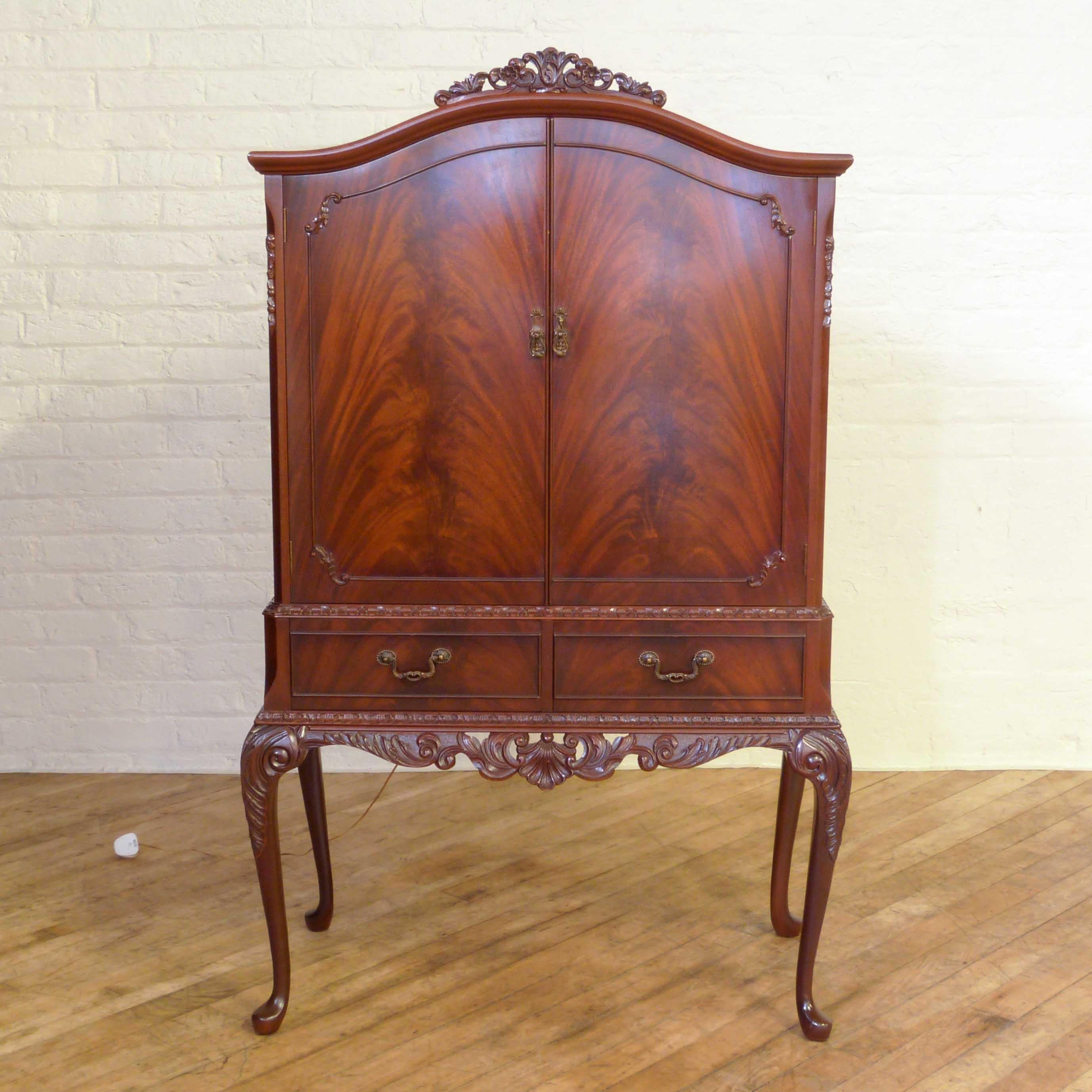 Carved Queen Anne Style Mahogany Cocktail Cabinet
