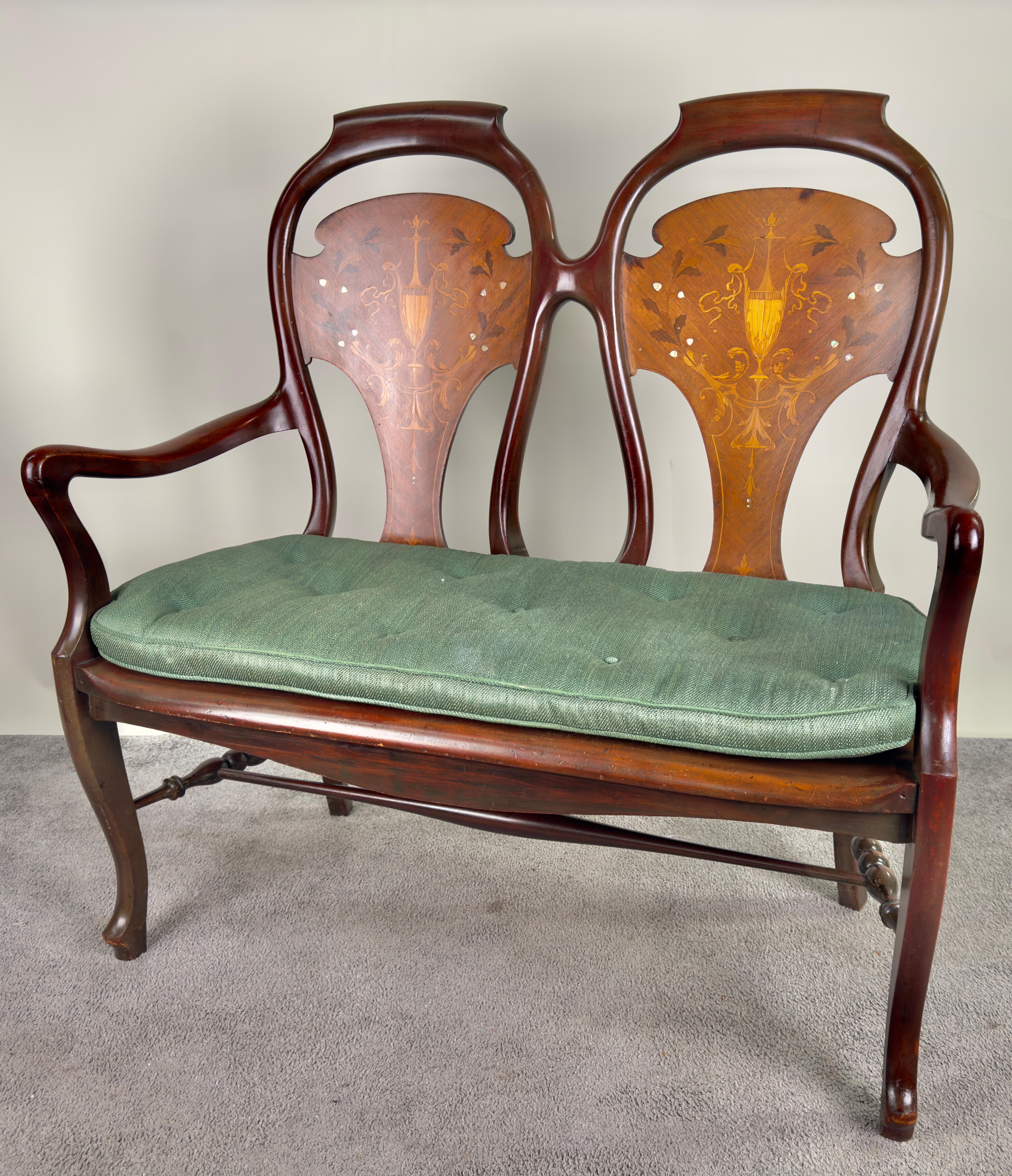 20th Century Queen Anne Style Mahogany & Marquetry inlay Settee or Bench  For Sale