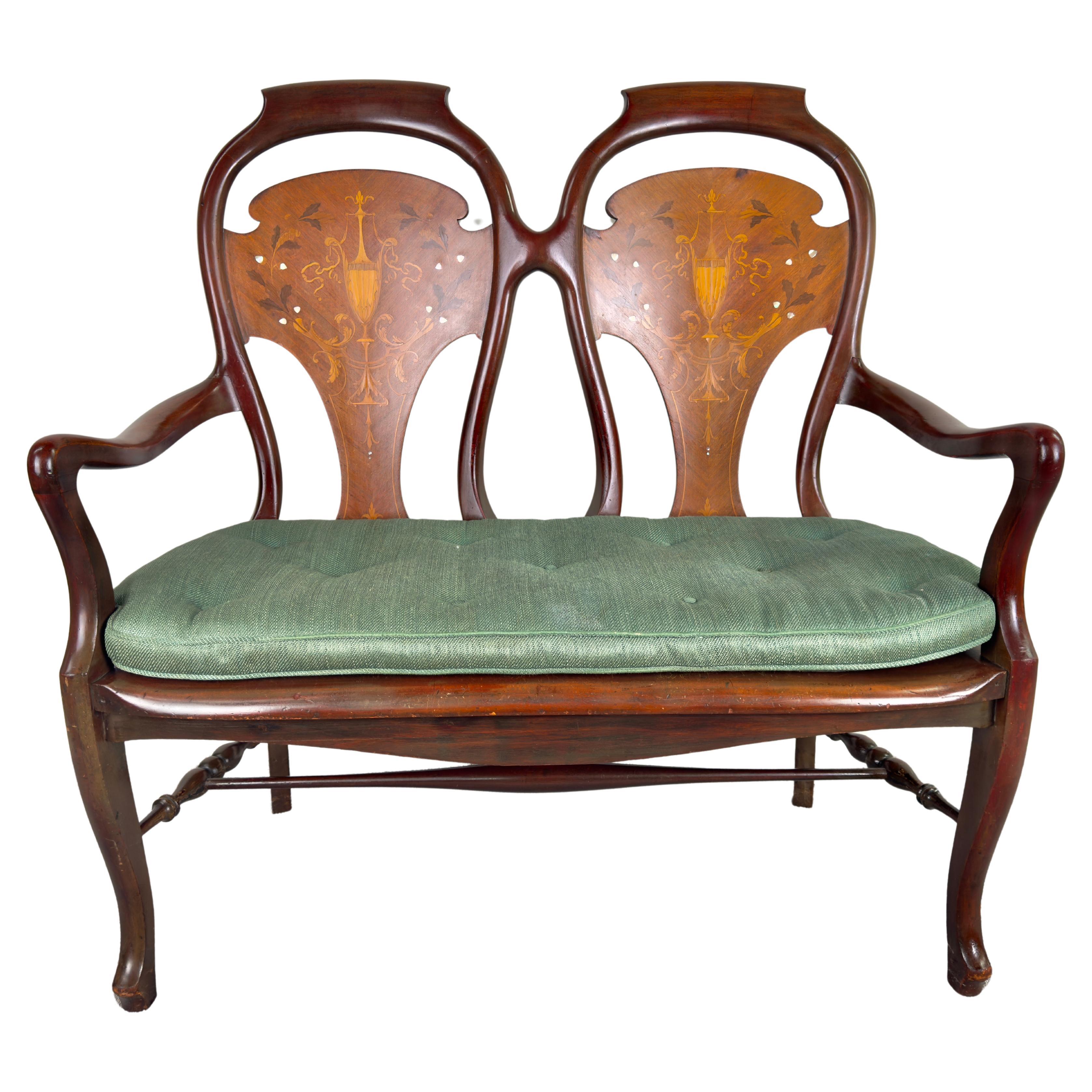 Queen Anne Style Mahogany & Marquetry inlay Settee or Bench  For Sale