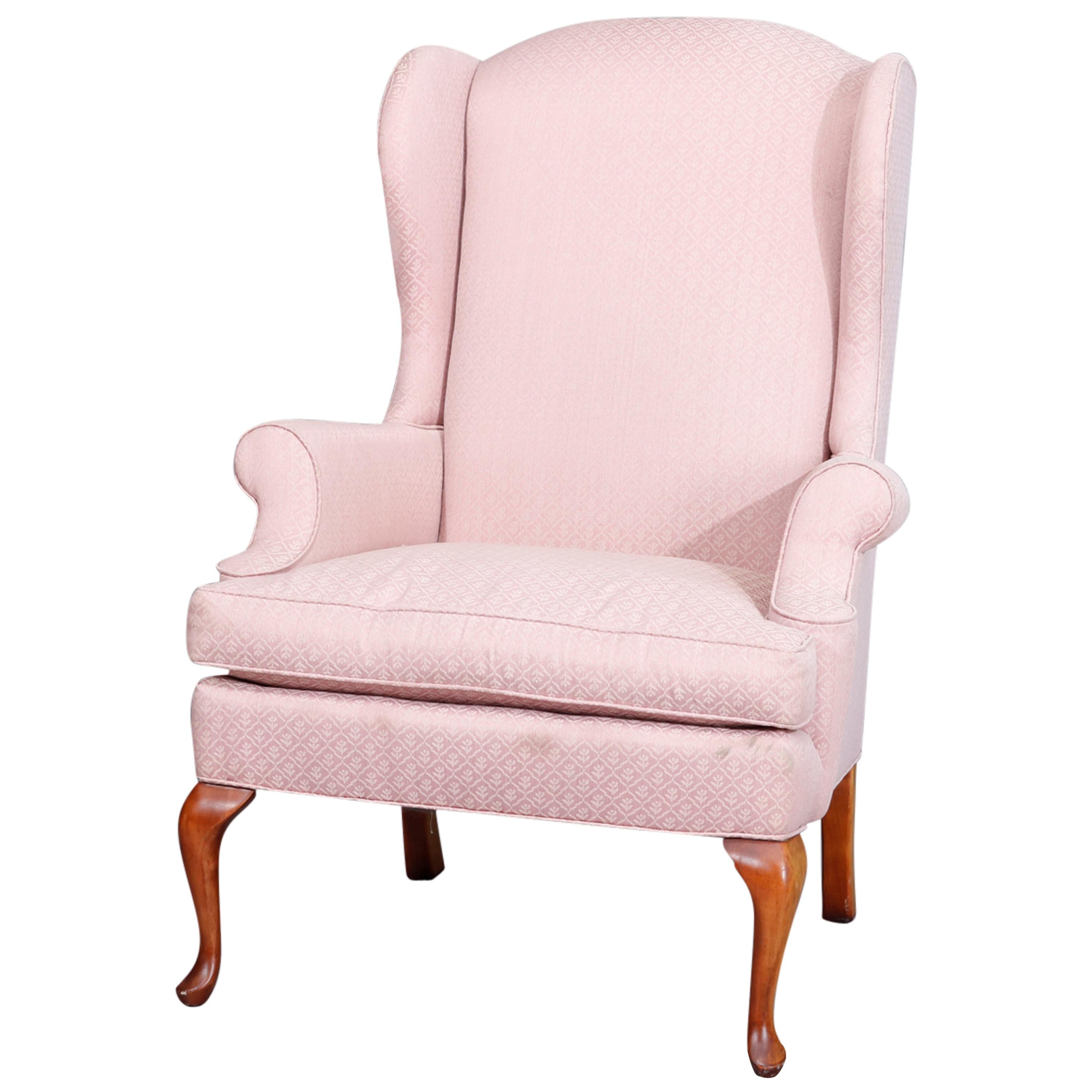 Queen Anne Style Mahogany Upholstered Wingback Chair by Laine, 20th Century