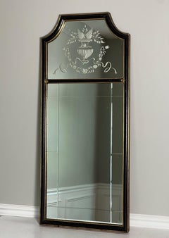 Queen Anne Style Mirror, Etched and Beveled in Ebonized Parcel Gilt Frame, 1940s