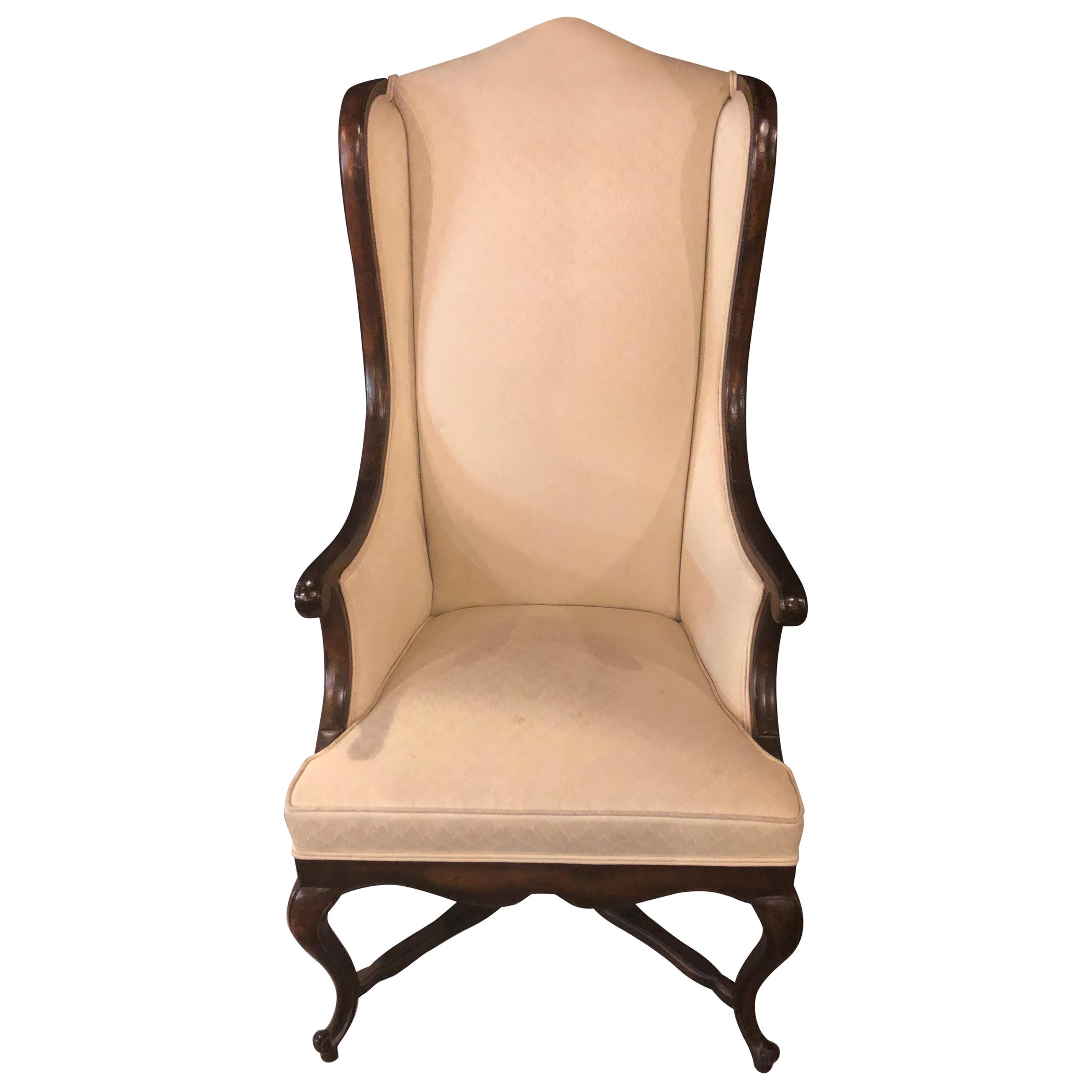 Queen Anne Style Off-White Upholstered Wingback Chair