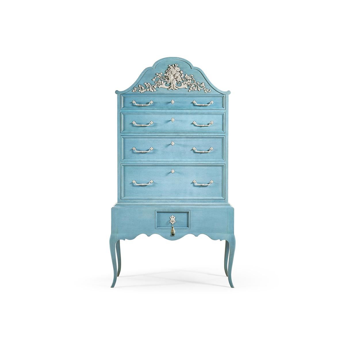 Queen Anne Style painted high boy, a unique chest that boasts a bouquet of carved roses two inches deep in a luxurious Danish blue finish on its pediment. Delicate Queen Anne legs, white painted metal hardware and lockable drawers blend in a rich
