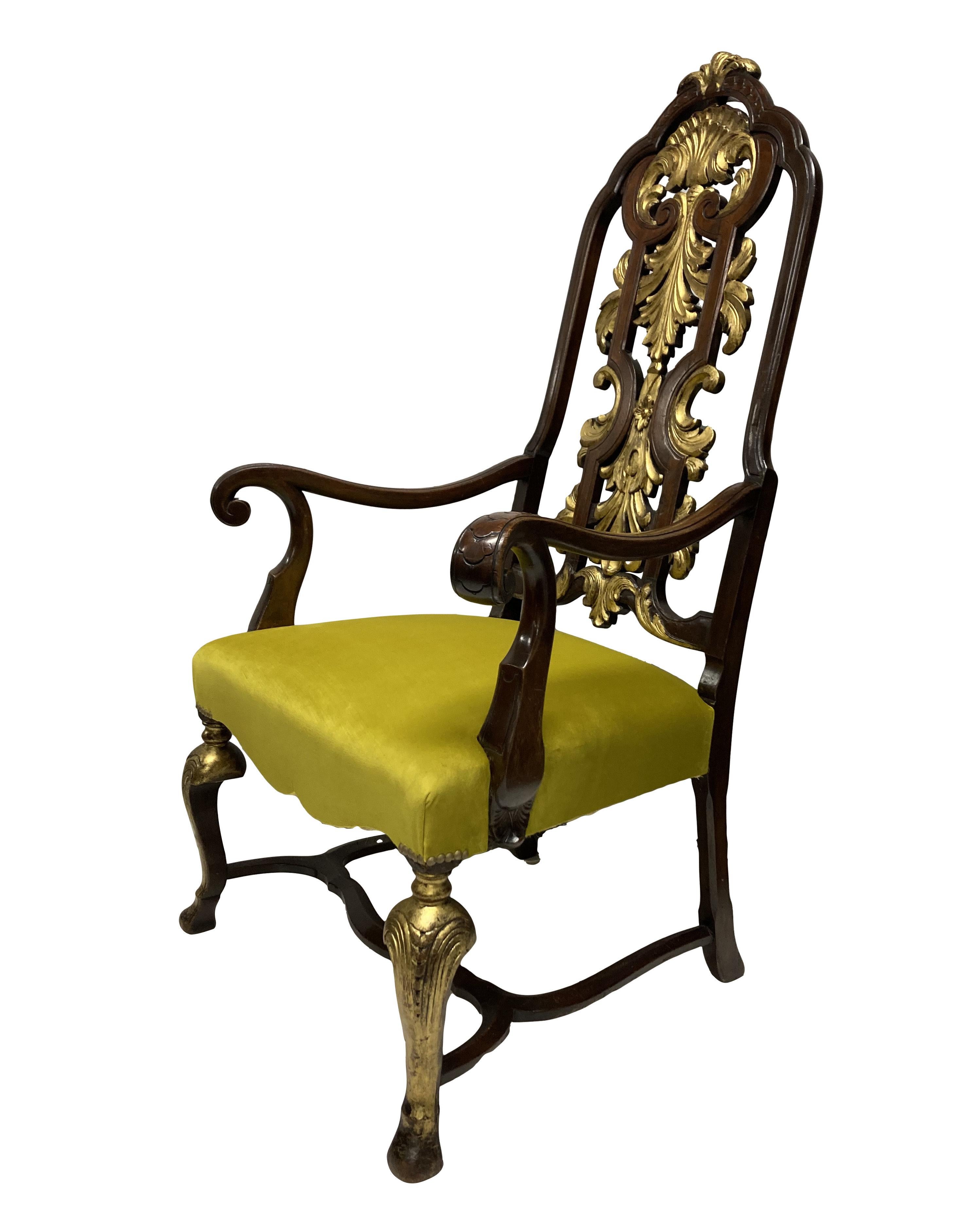 An English Queen Anne style mahogany and parcel gilt armchair, newly upholstered in chartreuse velvet.