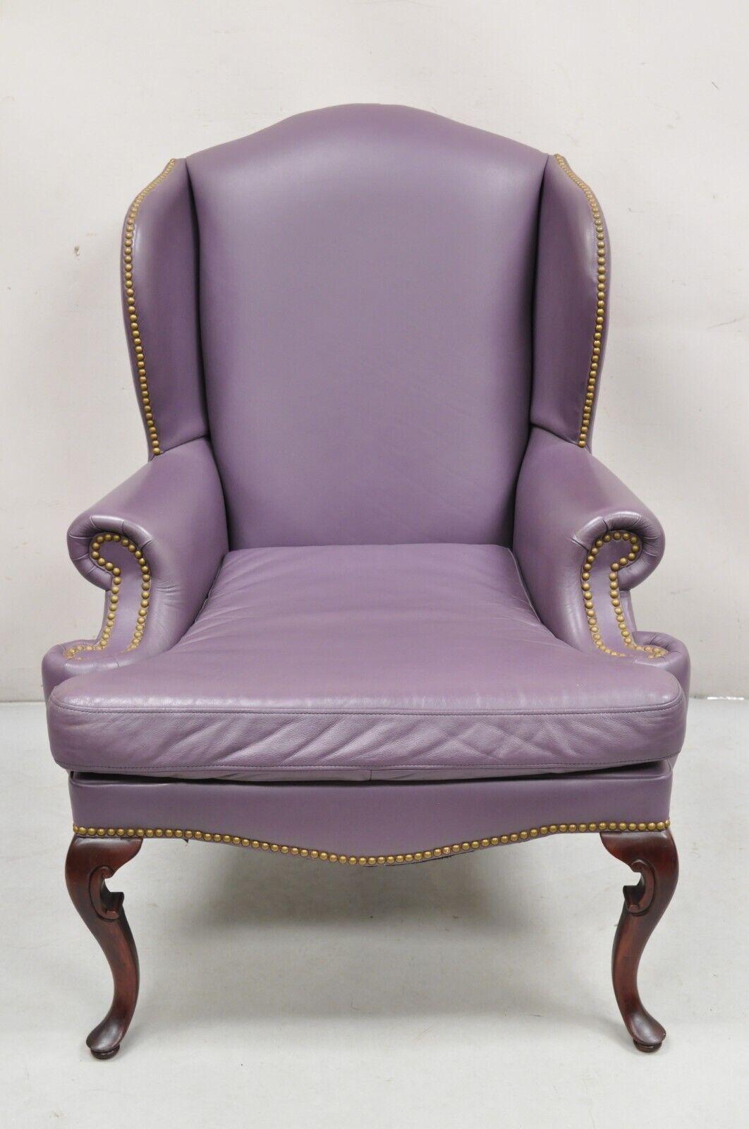 Queen Anne Style Purple Leather Wingback Chair with Nail Heads by Leather Center For Sale 5