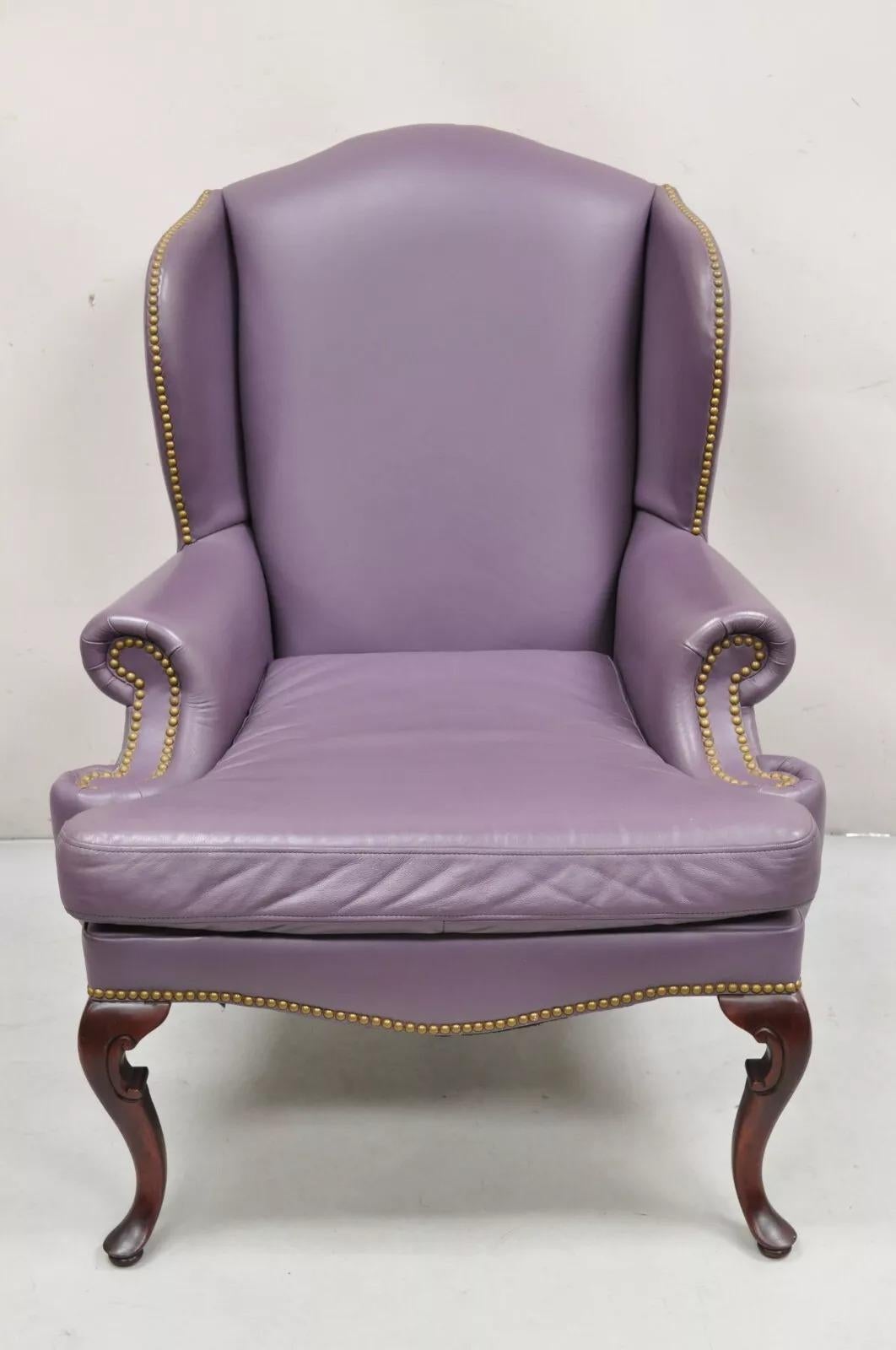 Queen Anne Style Purple Leather Wingback Chair with Nail Heads by Leather Center For Sale 7