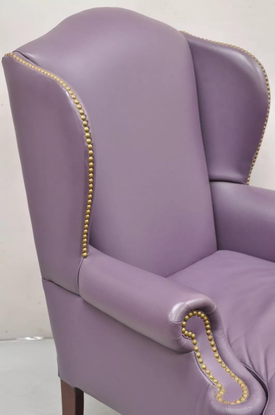 Queen Anne Style Purple Leather Wingback Chair with Nail Heads by Leather Center For Sale 8