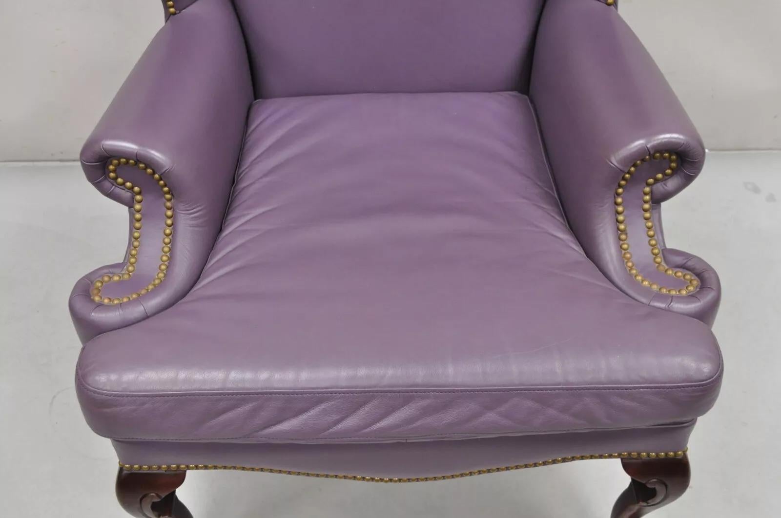Unknown Queen Anne Style Purple Leather Wingback Chair with Nail Heads by Leather Center For Sale