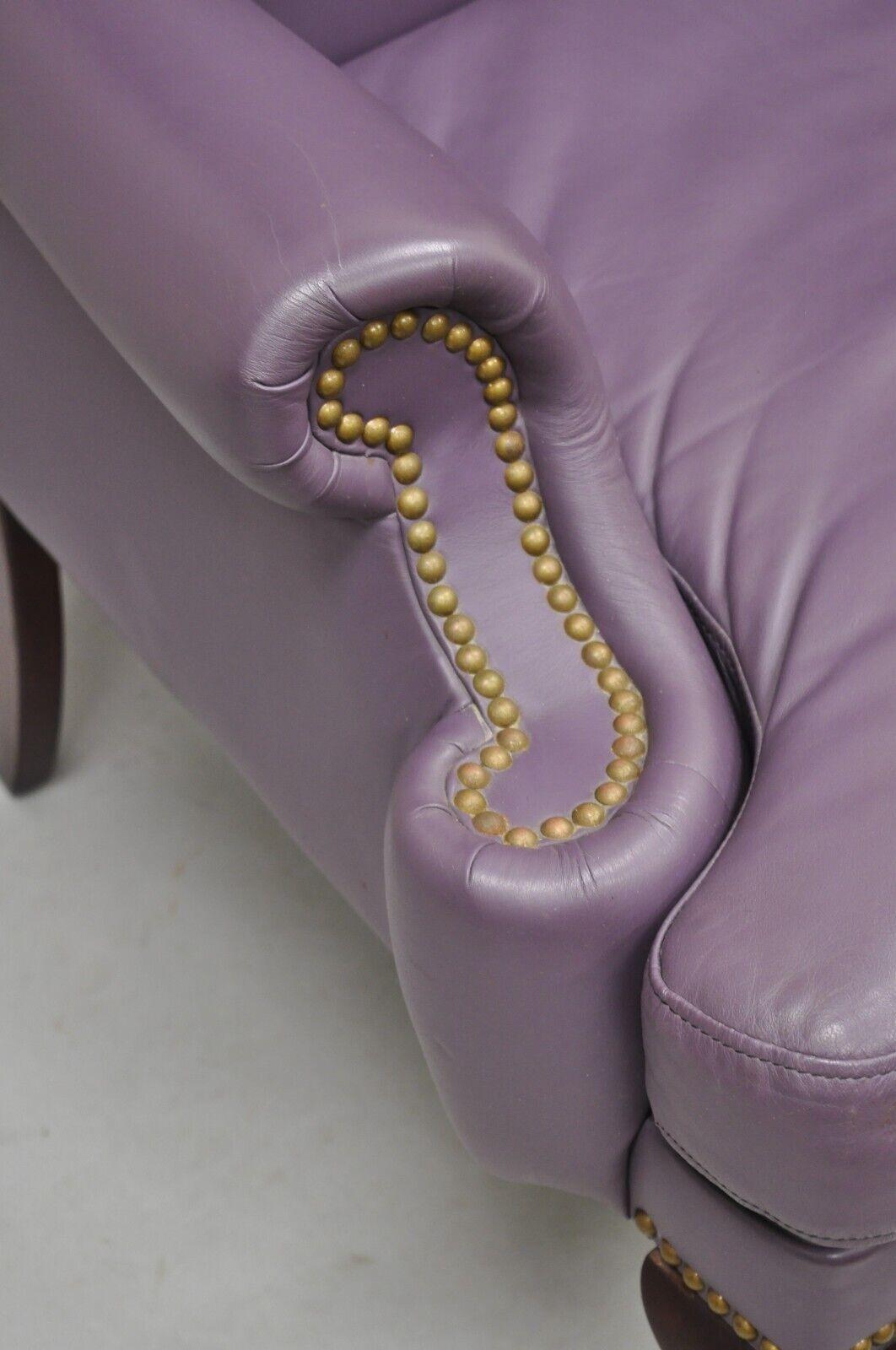 Queen Anne Style Purple Leather Wingback Chair with Nail Heads by Leather Center In Good Condition For Sale In Philadelphia, PA