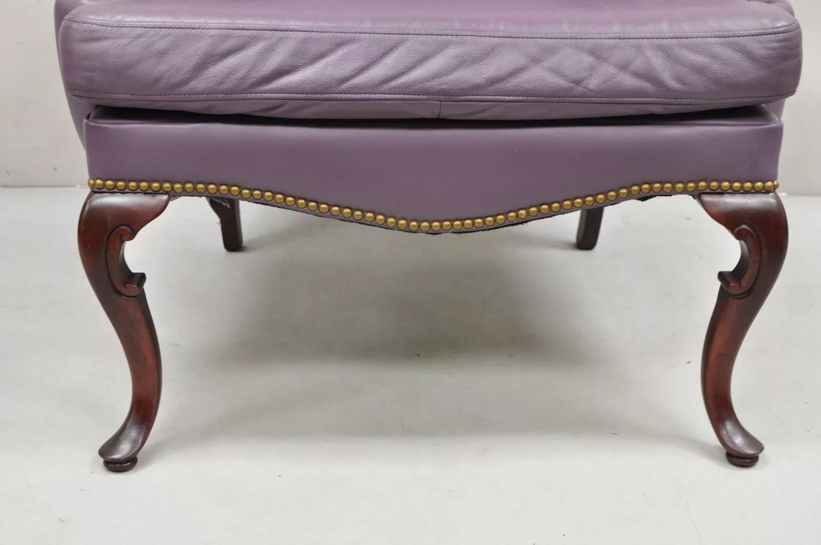 Queen Anne Style Purple Leather Wingback Chair with Nail Heads by Leather Center For Sale 1