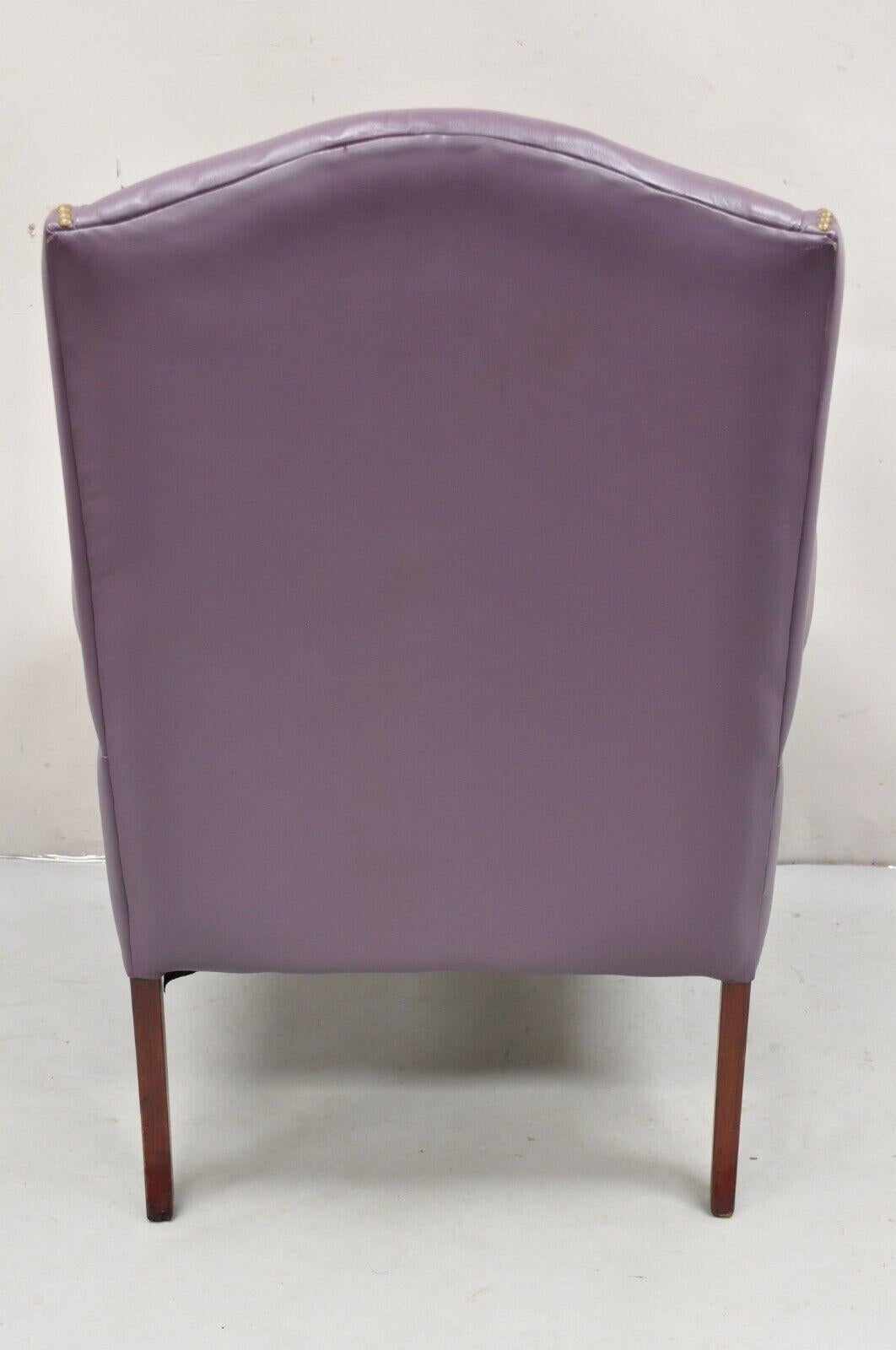 Queen Anne Style Purple Leather Wingback Chair with Nail Heads by Leather Center For Sale 1