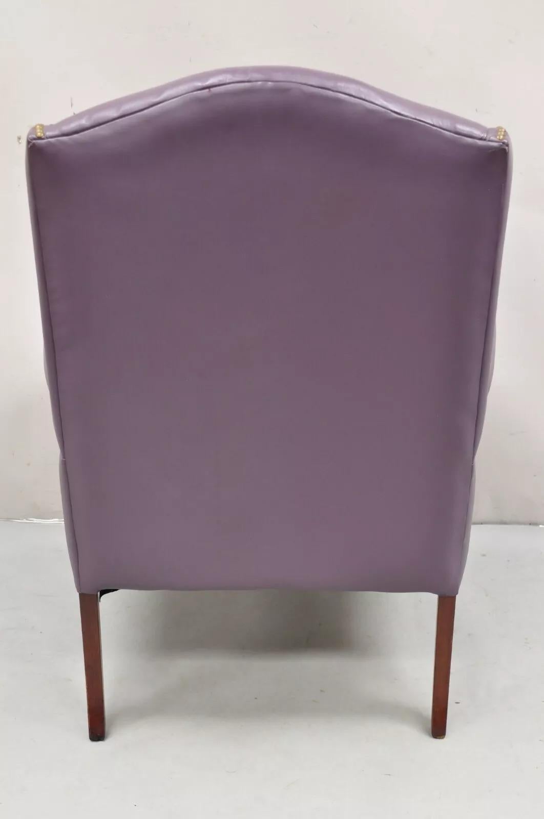 Queen Anne Style Purple Leather Wingback Chair with Nail Heads by Leather Center For Sale 3